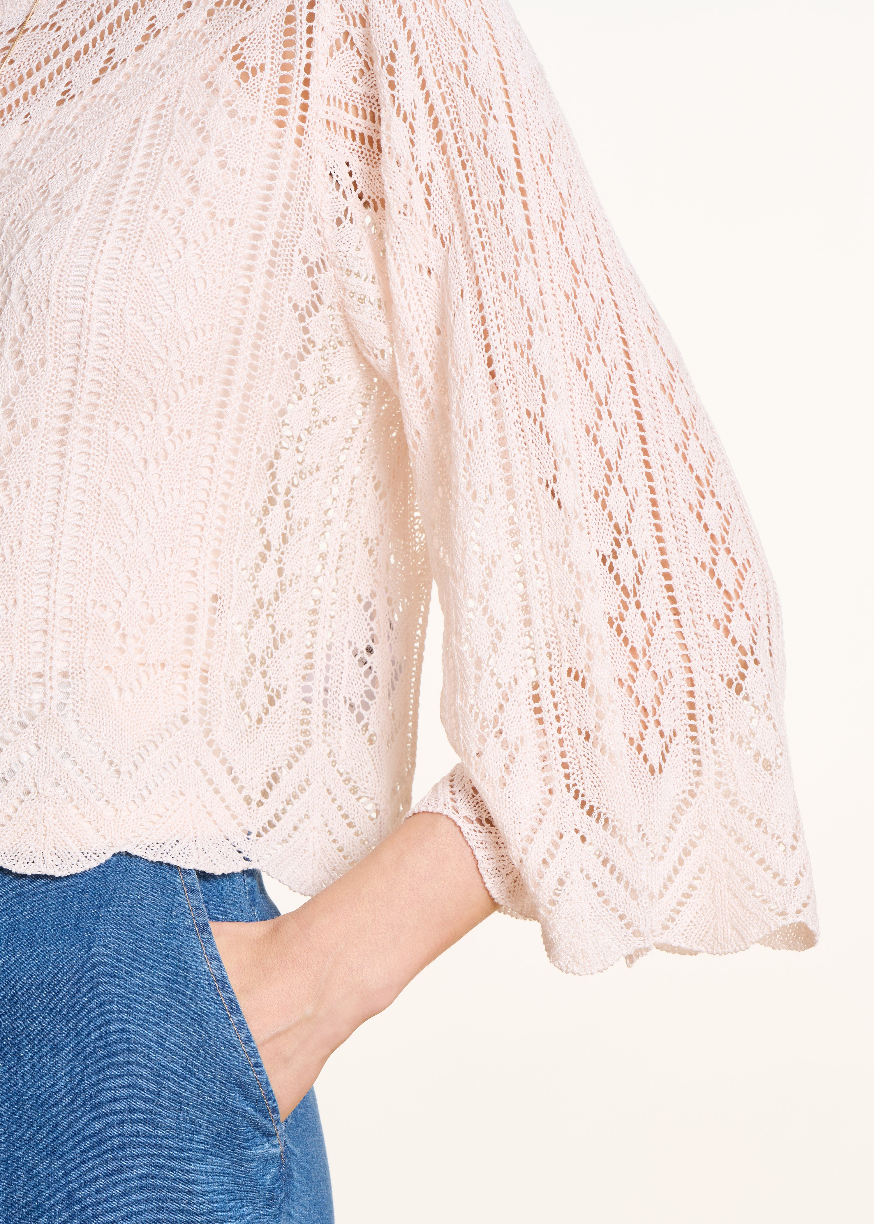 Short Ecru Sweater in Fine Openwork Knit