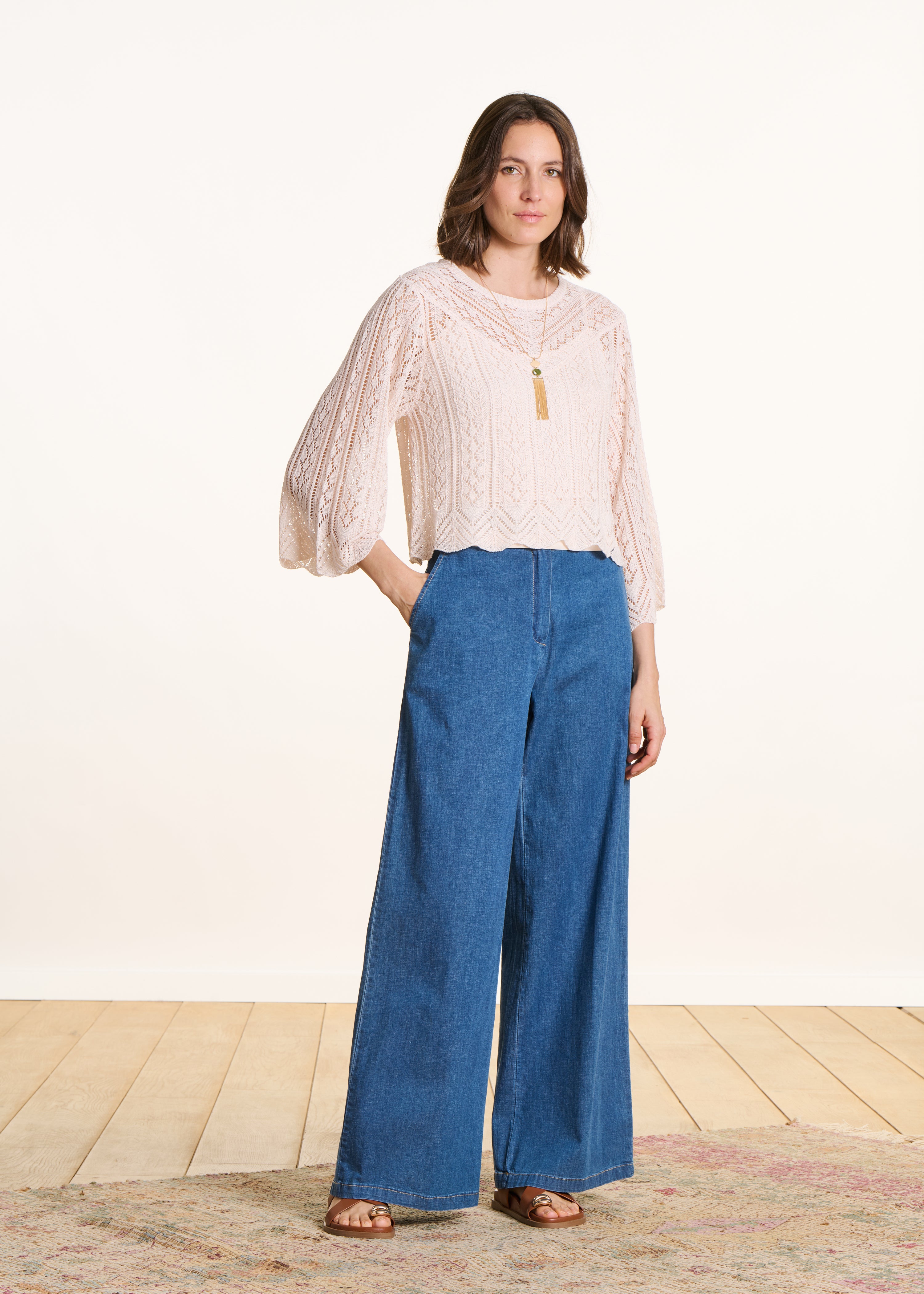 Short Ecru Sweater in Fine Openwork Knit