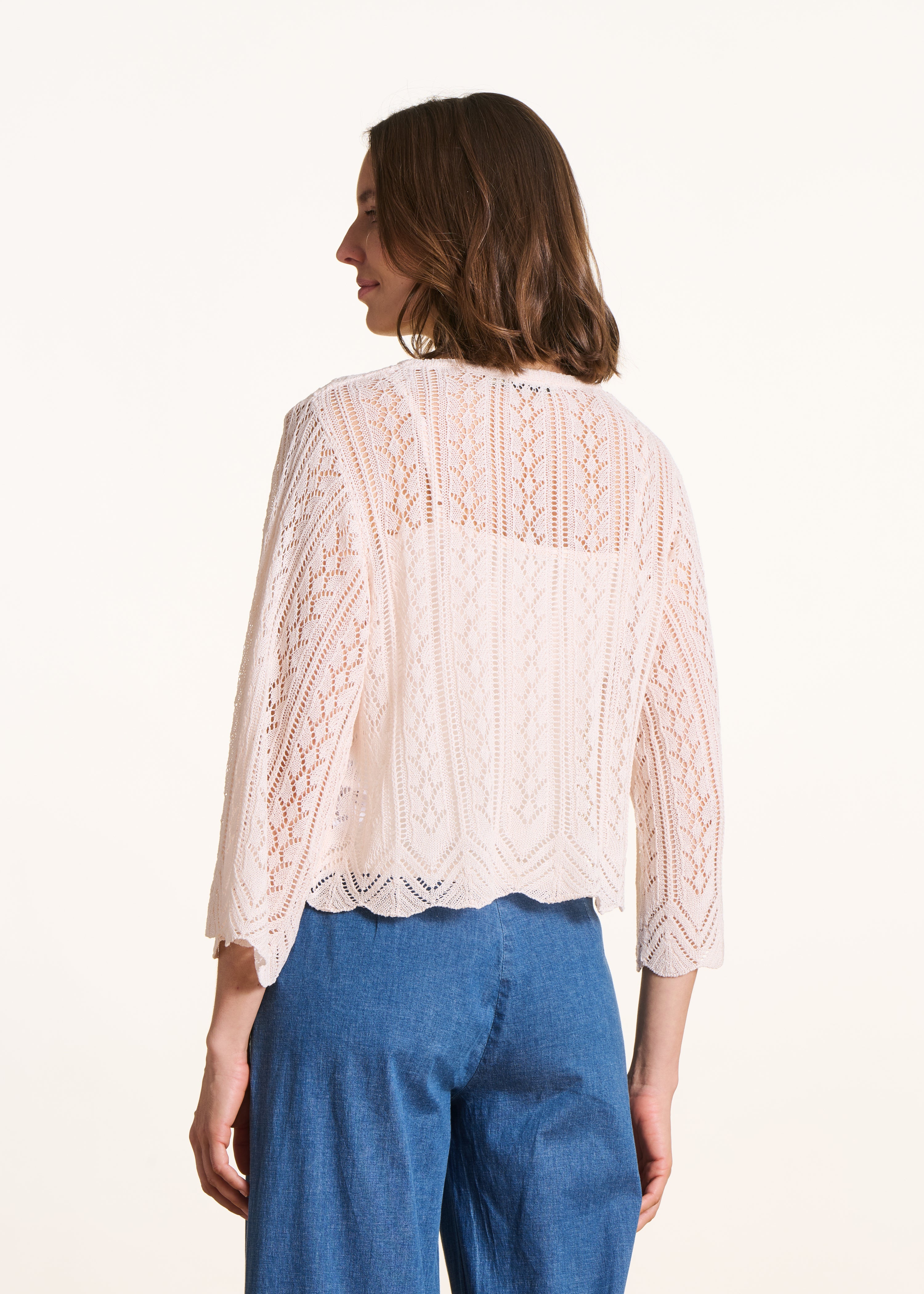 Short Ecru Sweater in Fine Openwork Knit