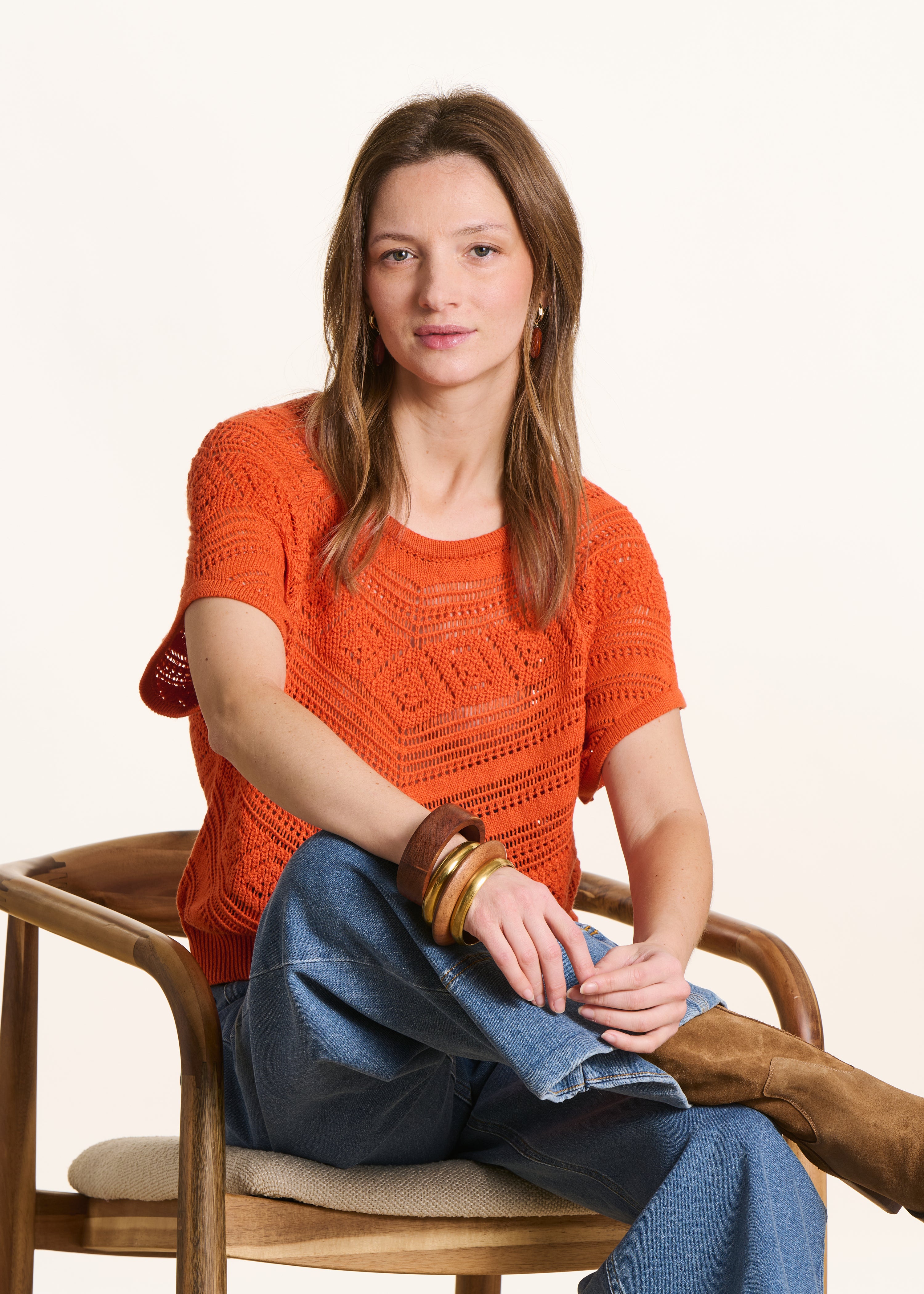 Pull manches courtes orange en maille ajourée