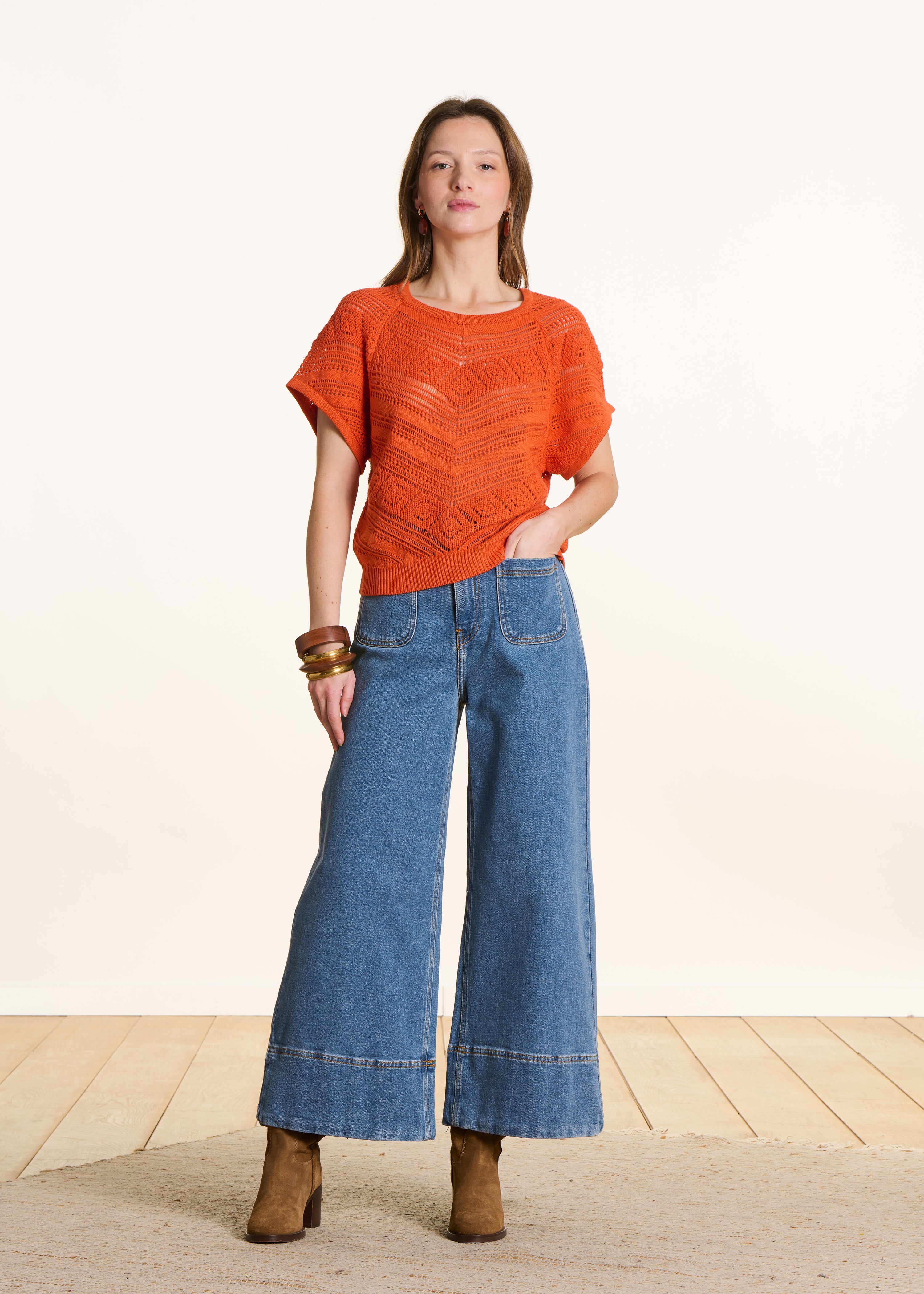 Pull manches courtes orange en maille ajourée