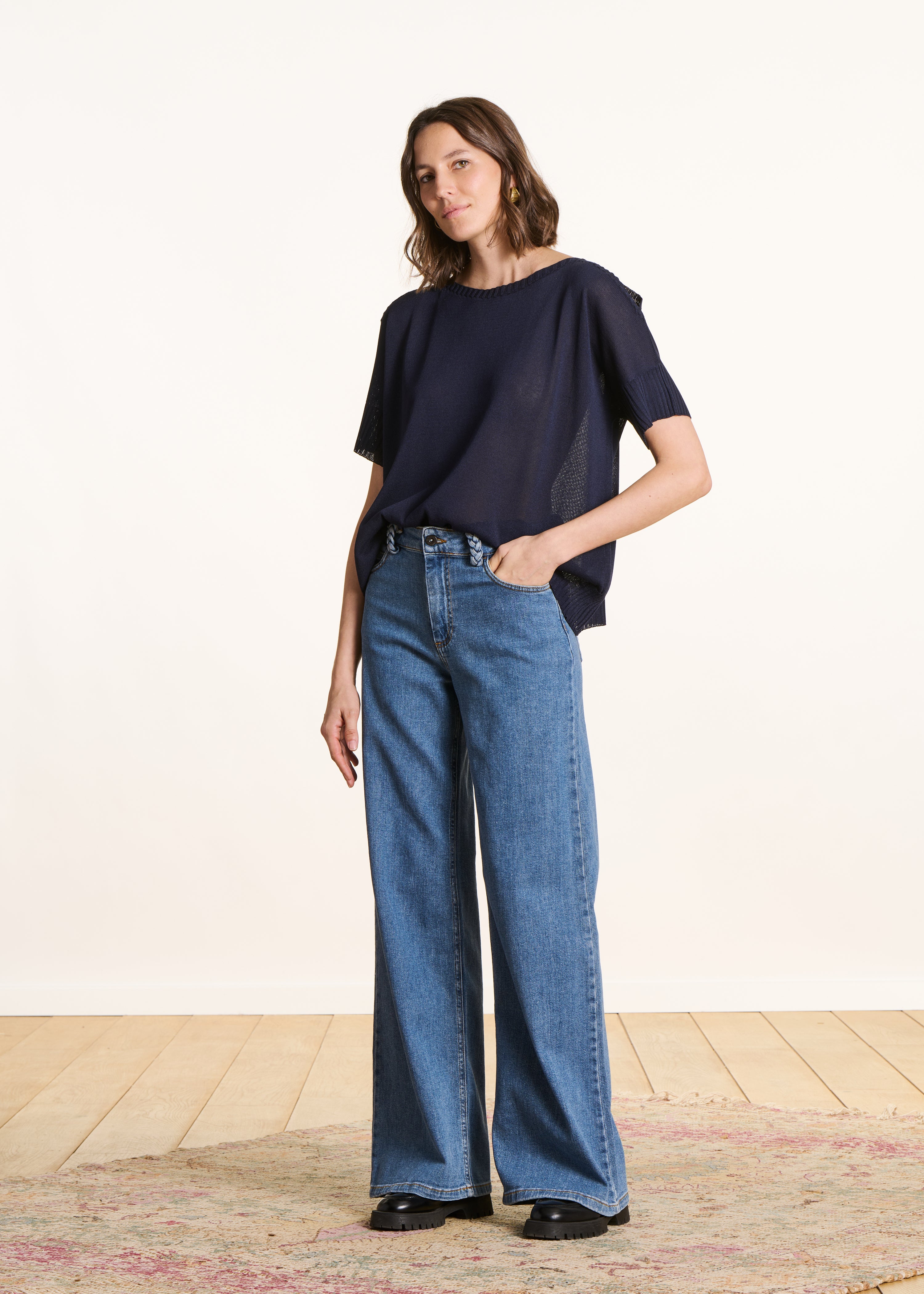 Short Sleeve Navy Blue Shimmer Knit Sweater