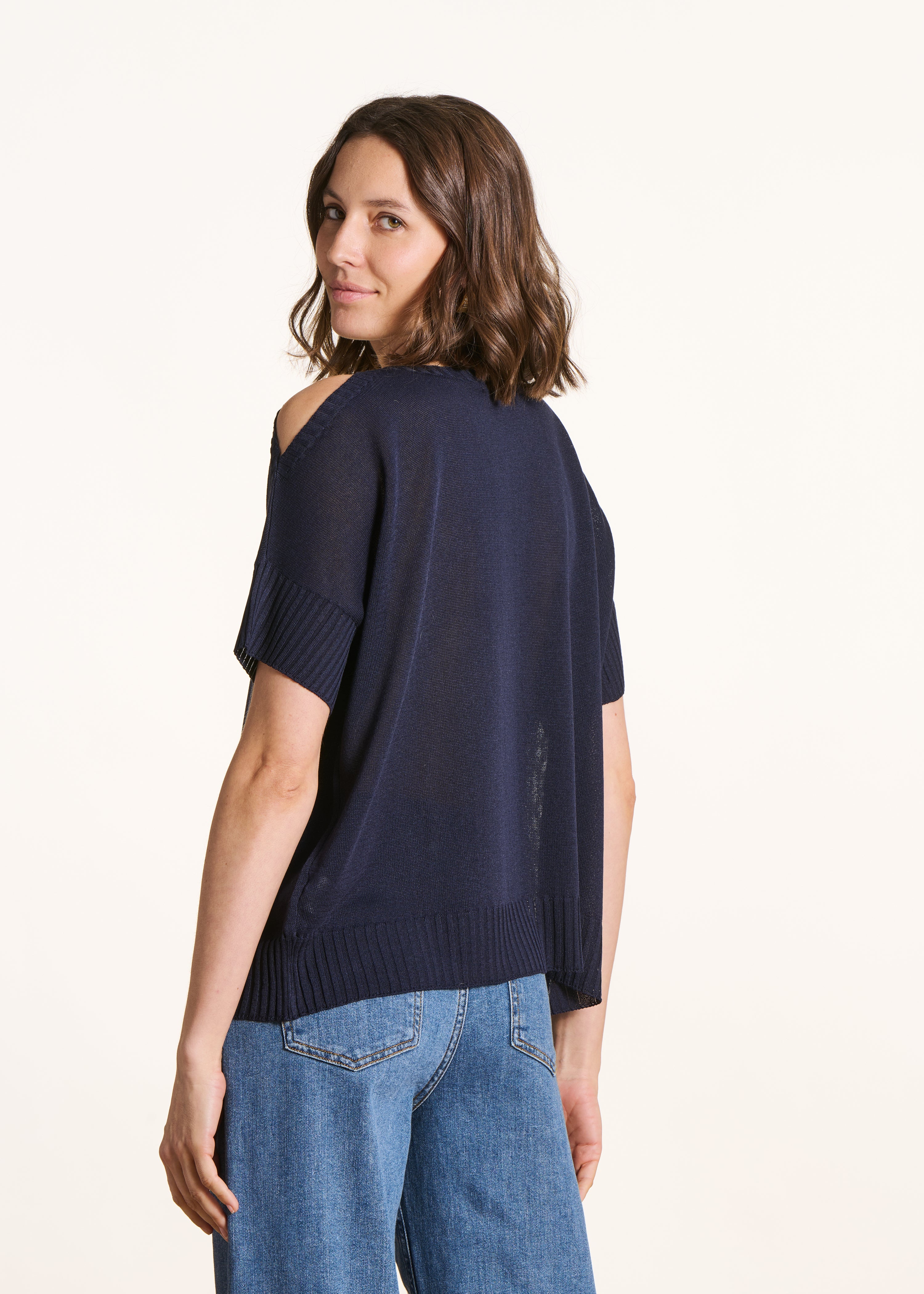Short Sleeve Navy Blue Shimmer Knit Sweater