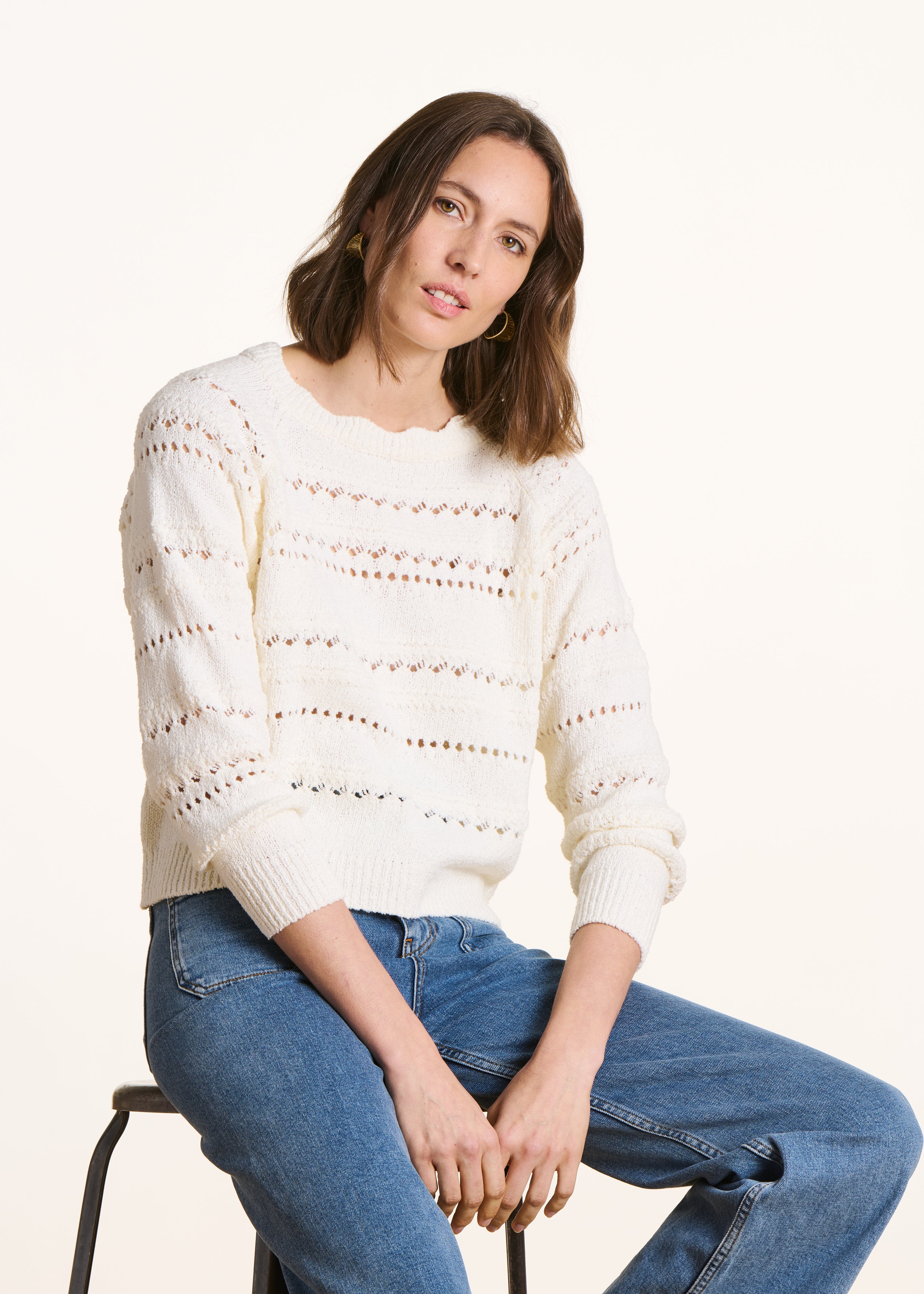 Camisola écru em malha aberta mangas compridas