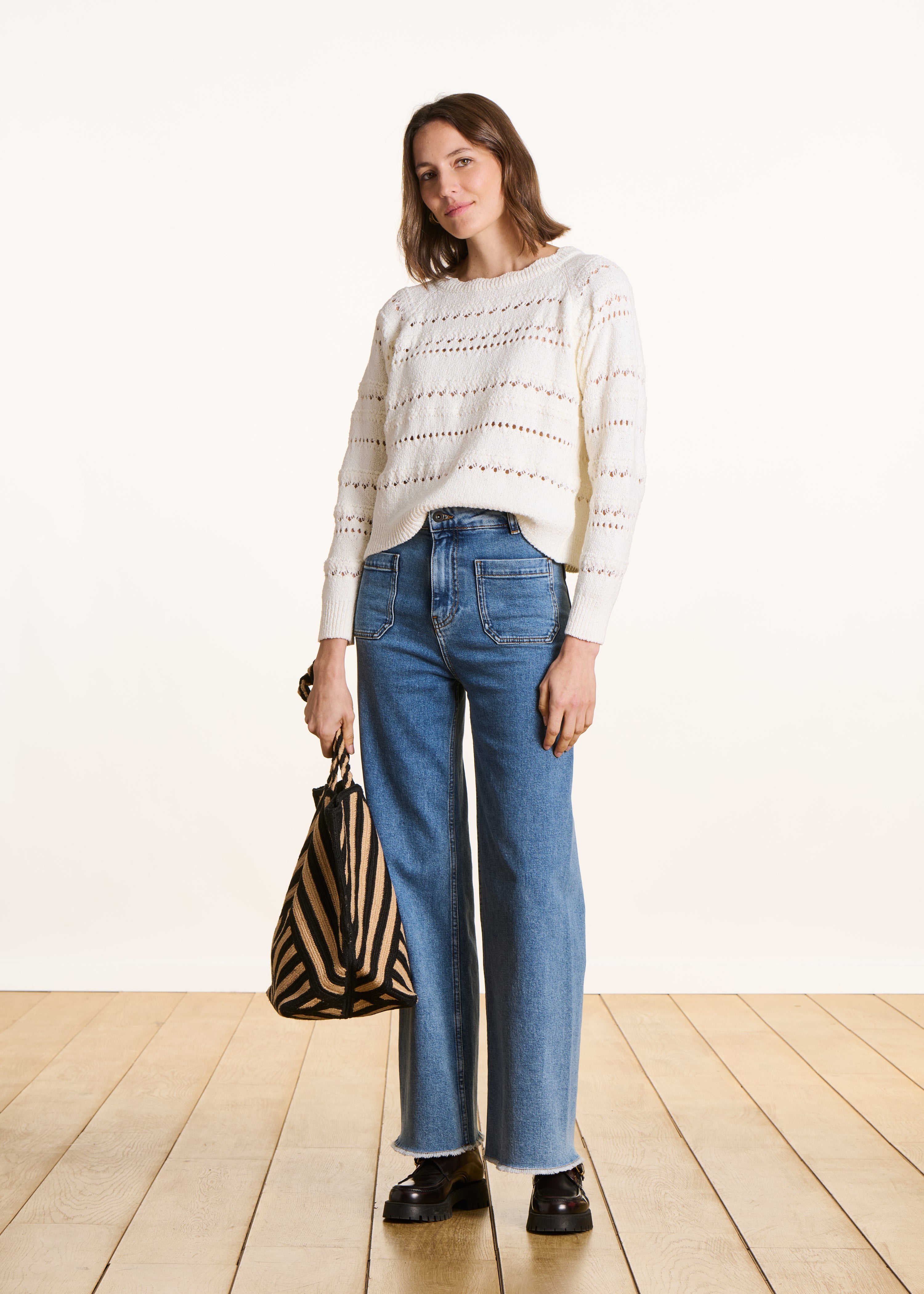 Ecru openwork knit sweater long sleeves