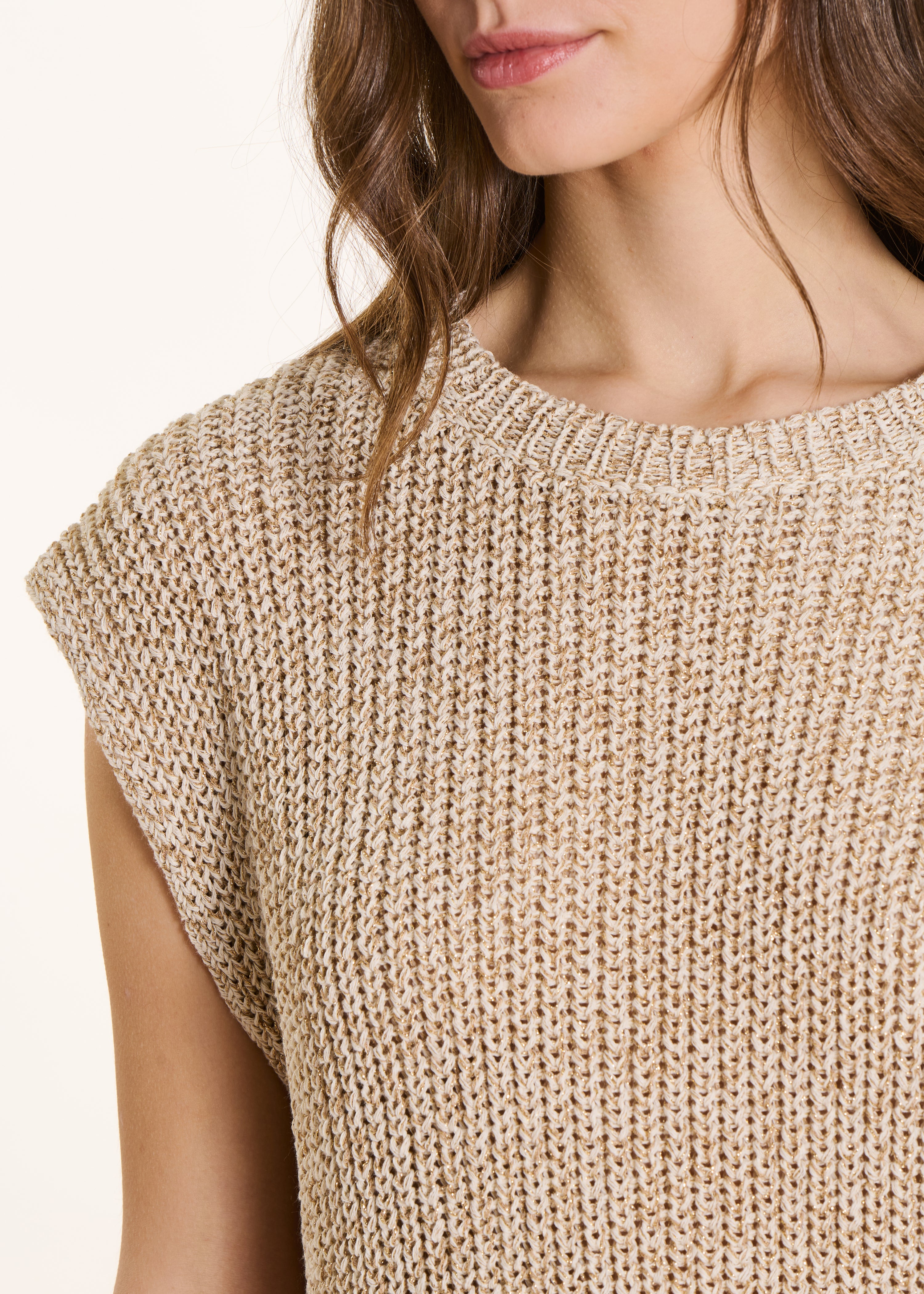 Beige Shimmer Round Neck Short Sleeve Sweater
