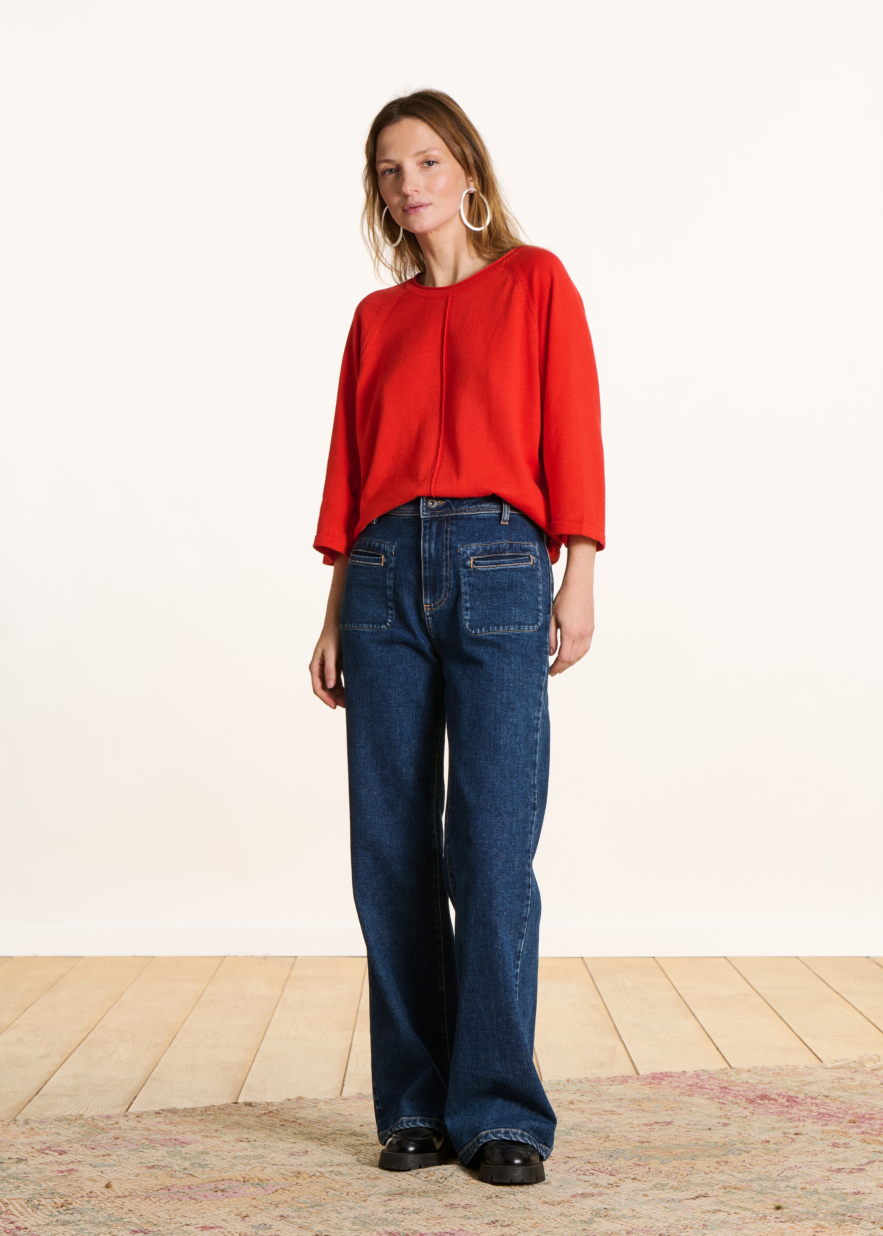 Pull rouge oversize maille fine col rond