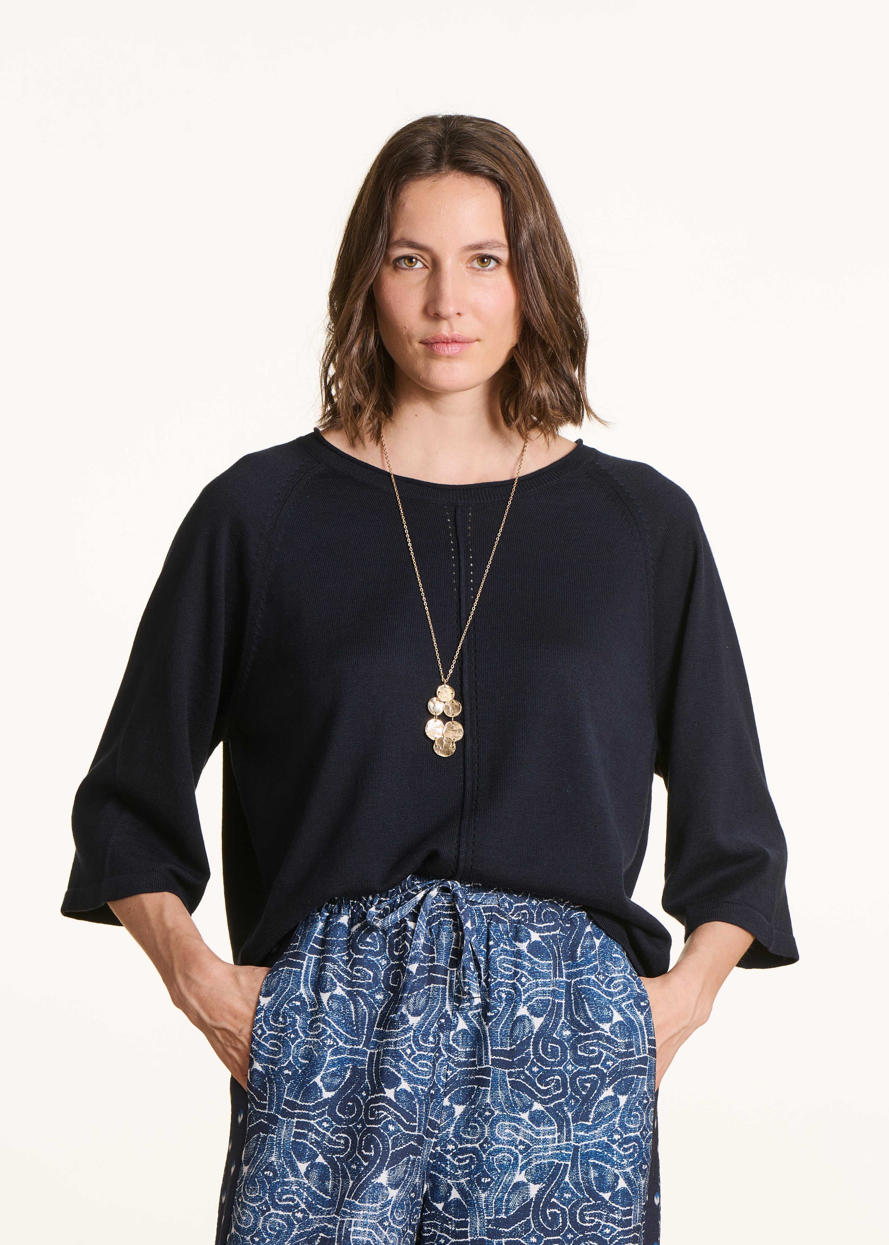 Dark blue oversized fine knit round neck sweater
