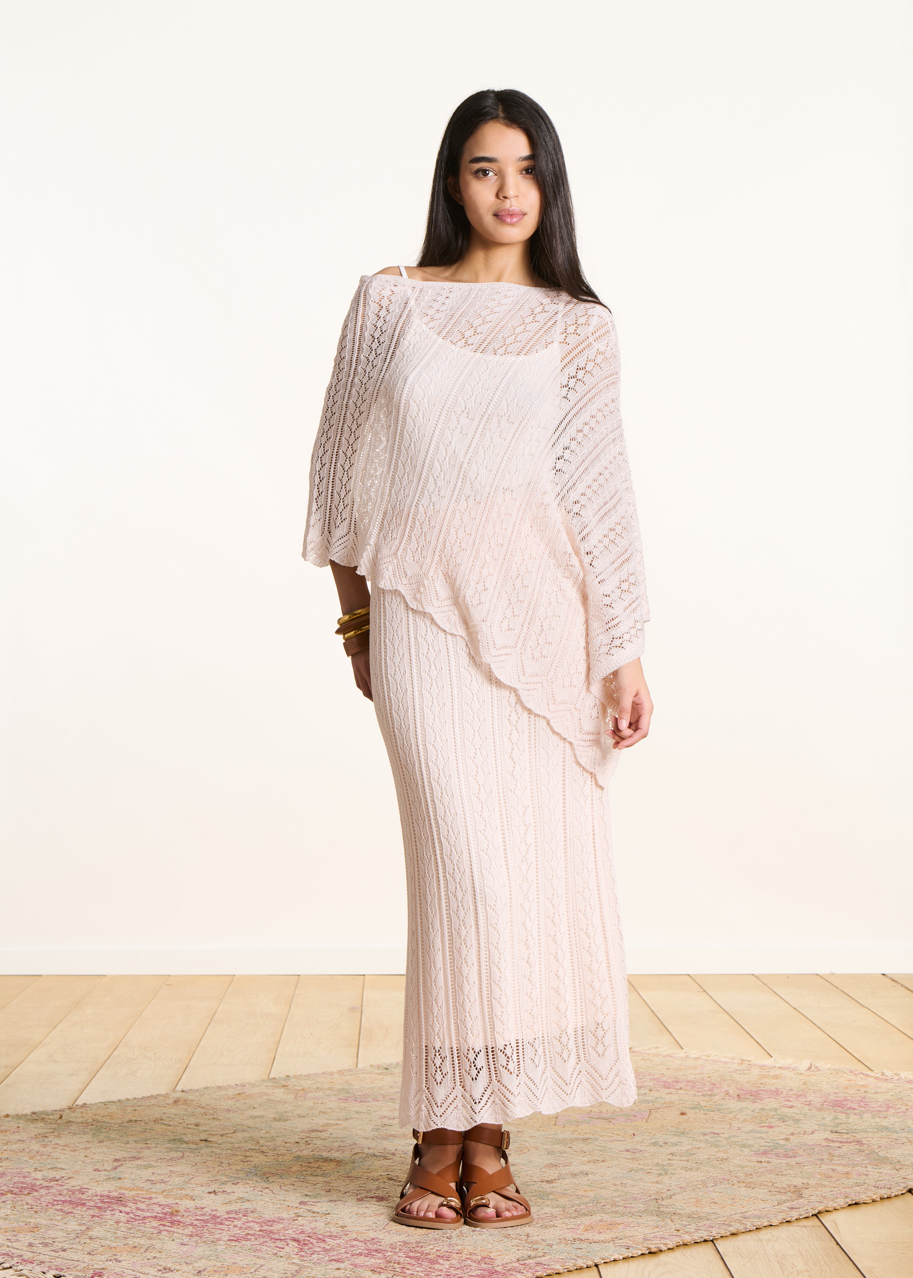 Ecru cape sweater in fine openwork knit