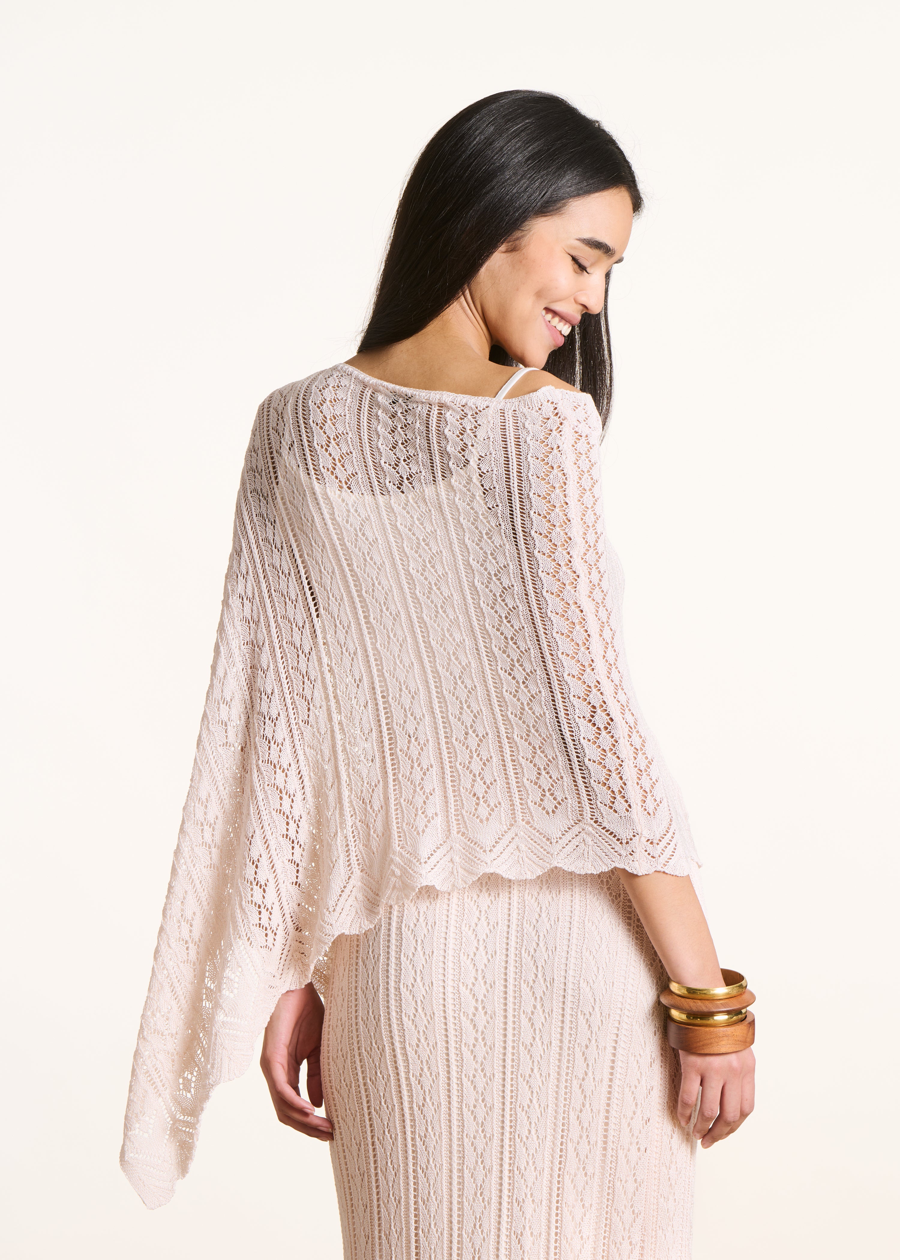 Ecru cape sweater in fine openwork knit