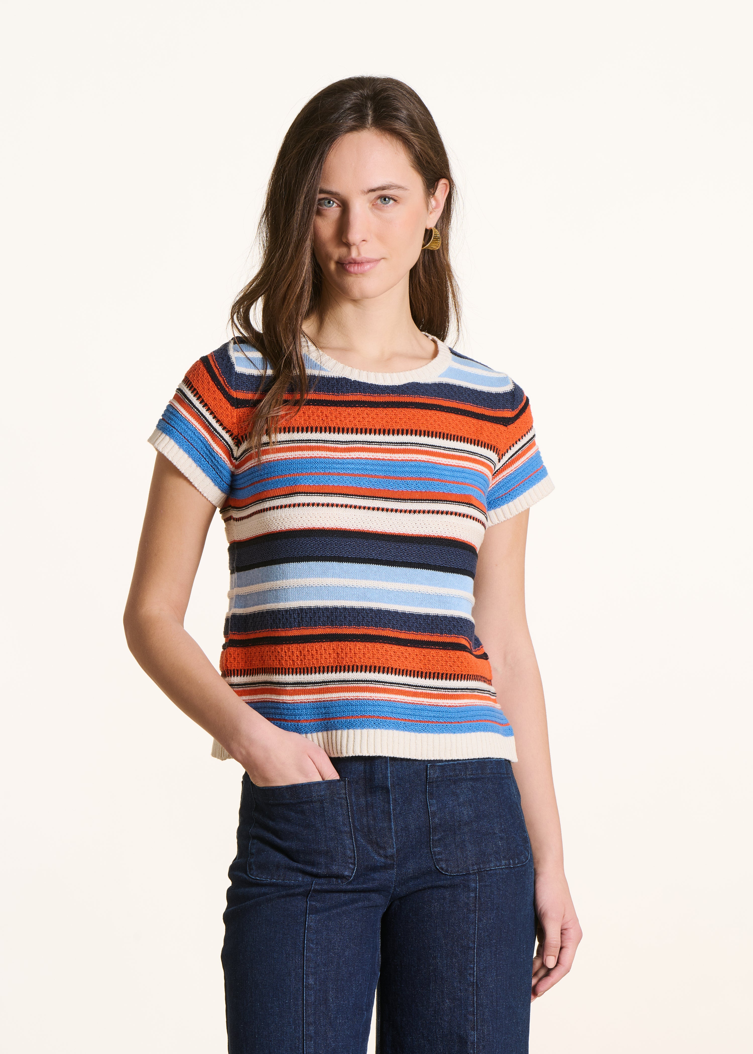 Pull à rayures multicolores bleu et orange