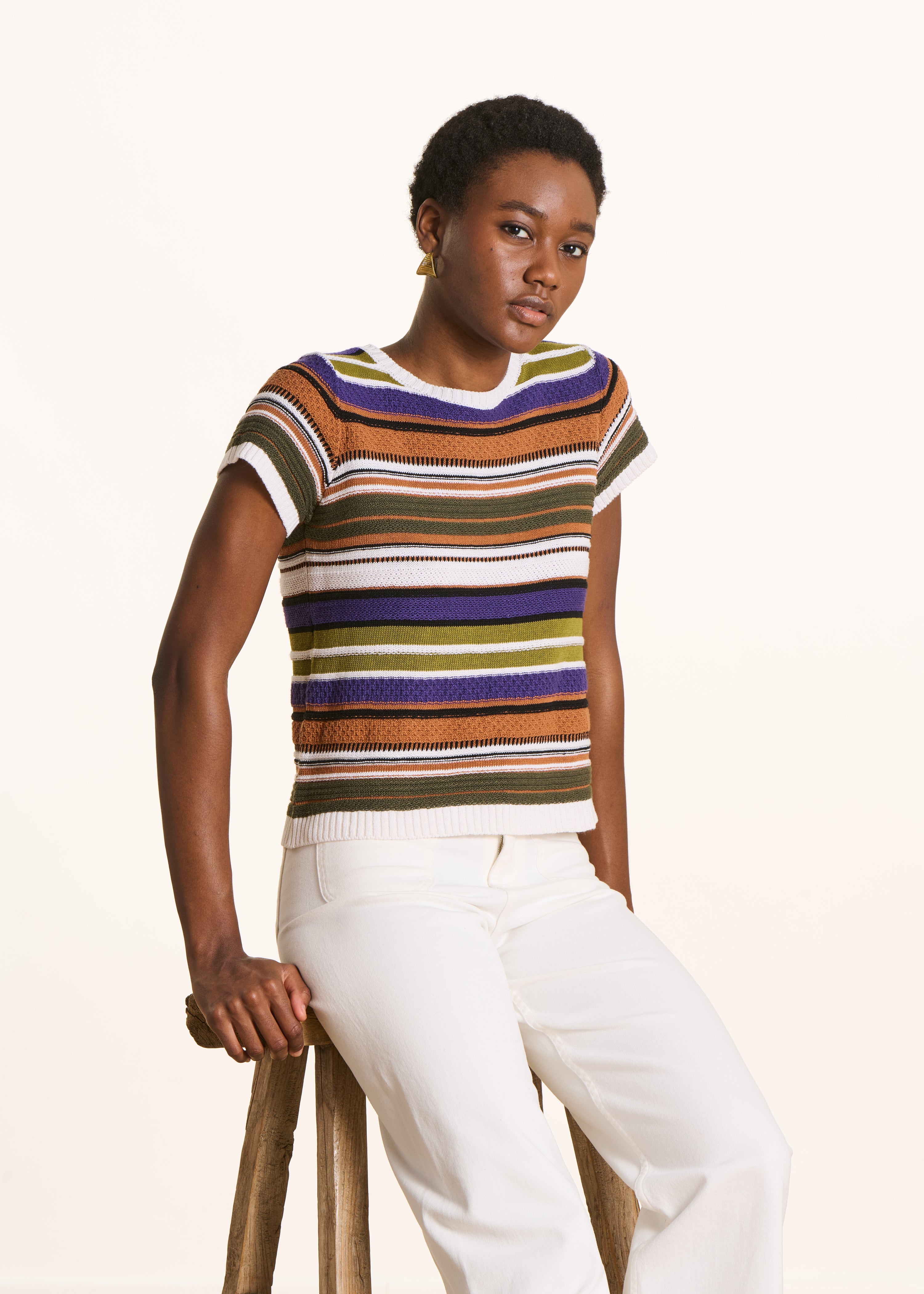 Multicolor gestreepte trui in kaki en camel