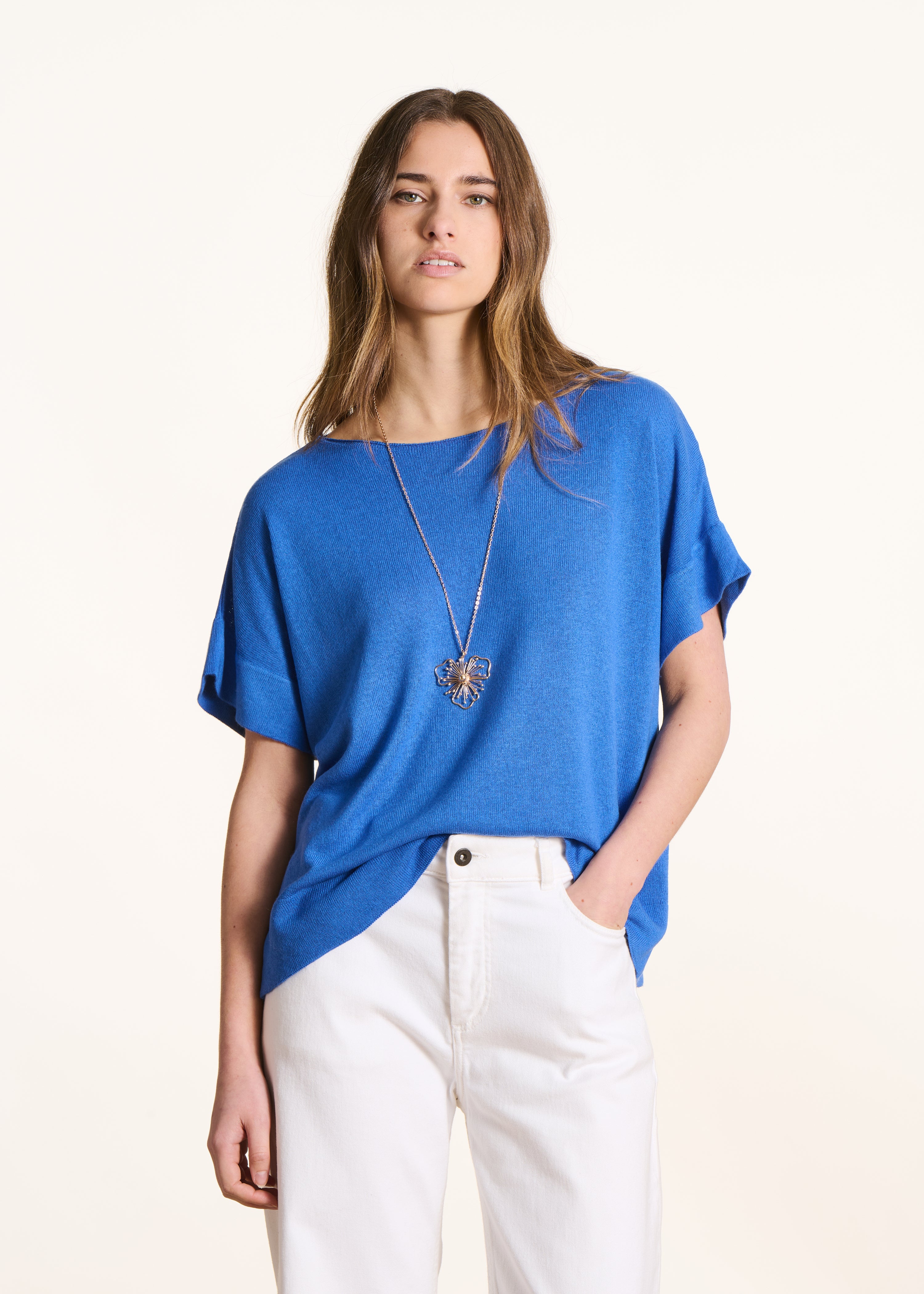 Fine knit blue sweater with boat neckline