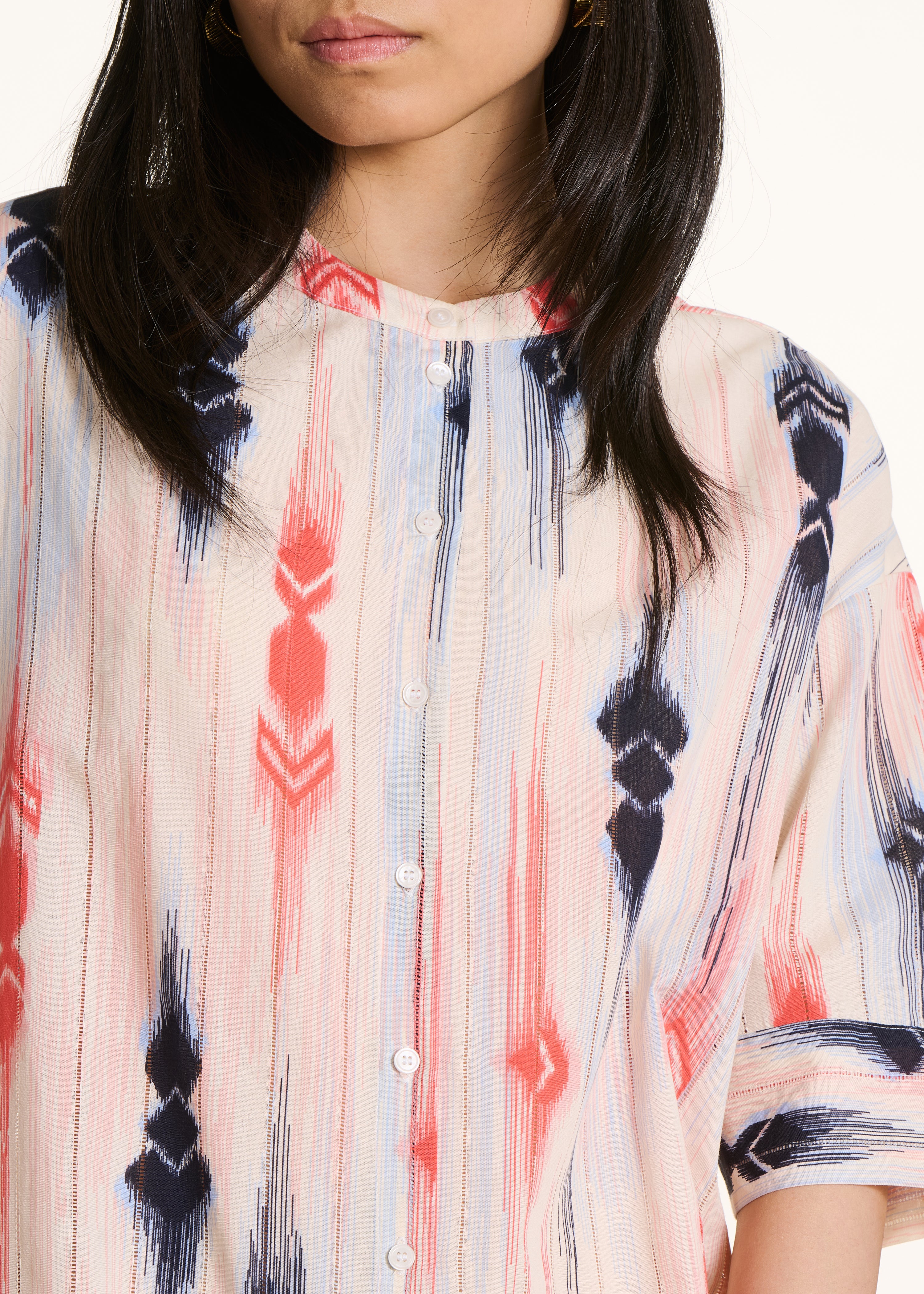 Organic cotton voile shirt dress with blue and pink print