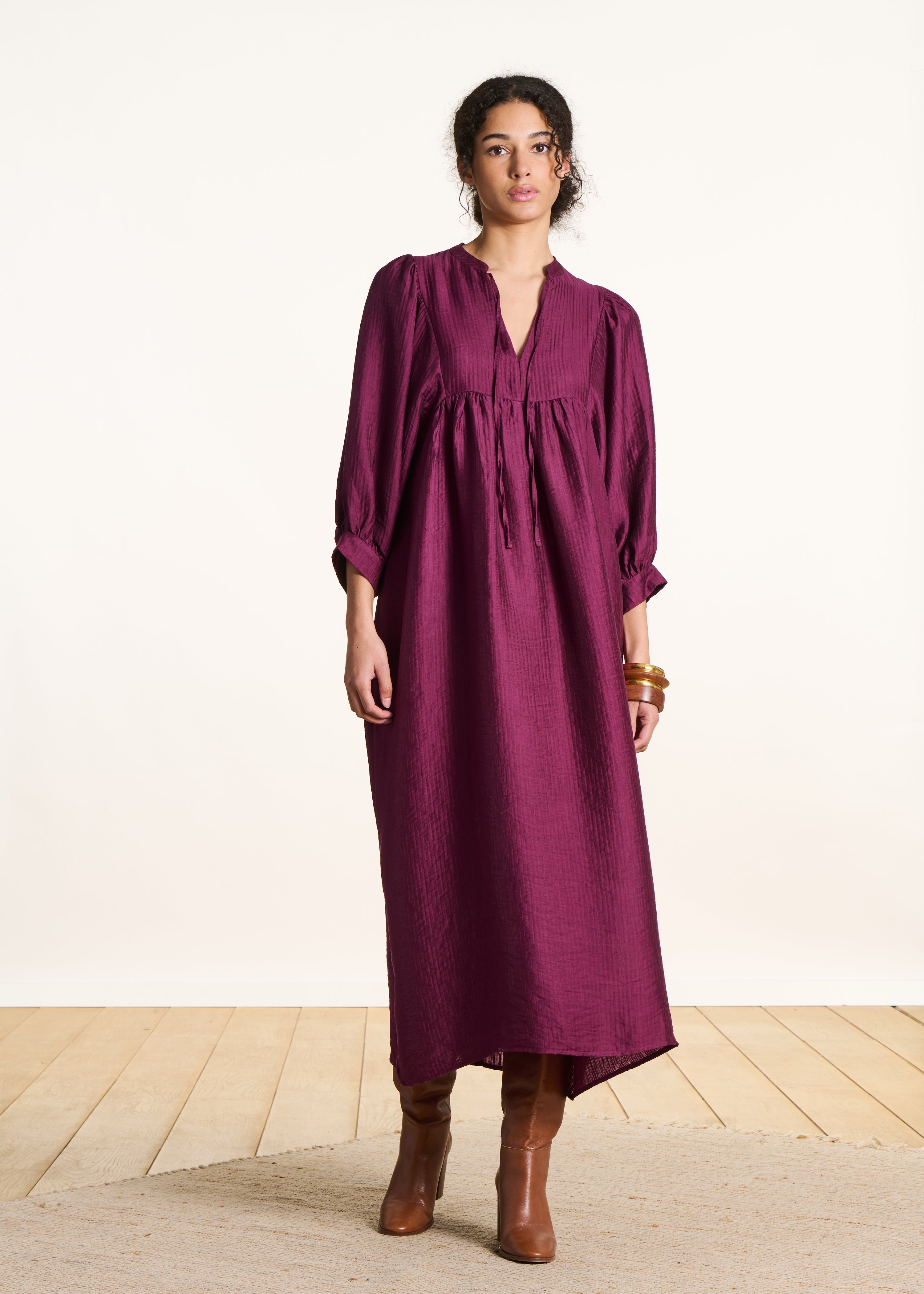 Purple long-sleeve flowing maxi dress
