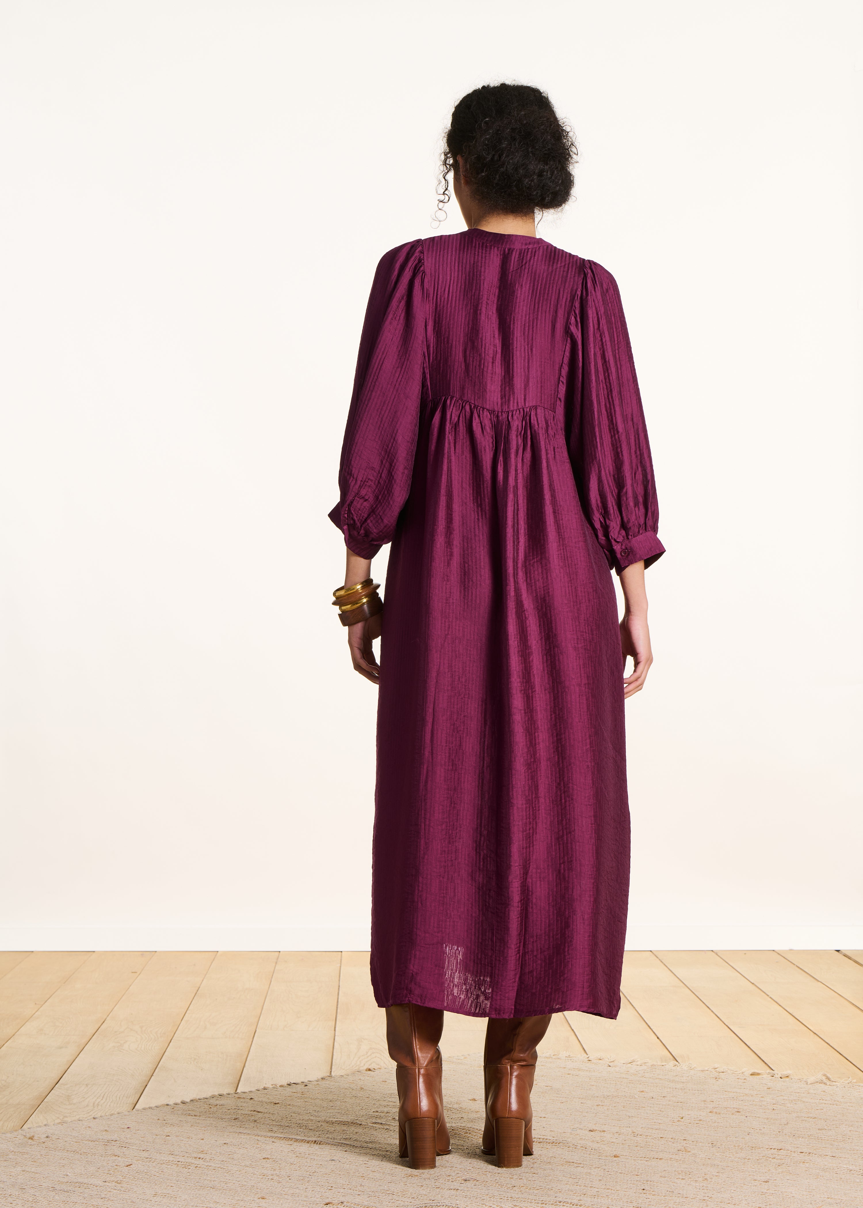 Purple long-sleeve flowing maxi dress