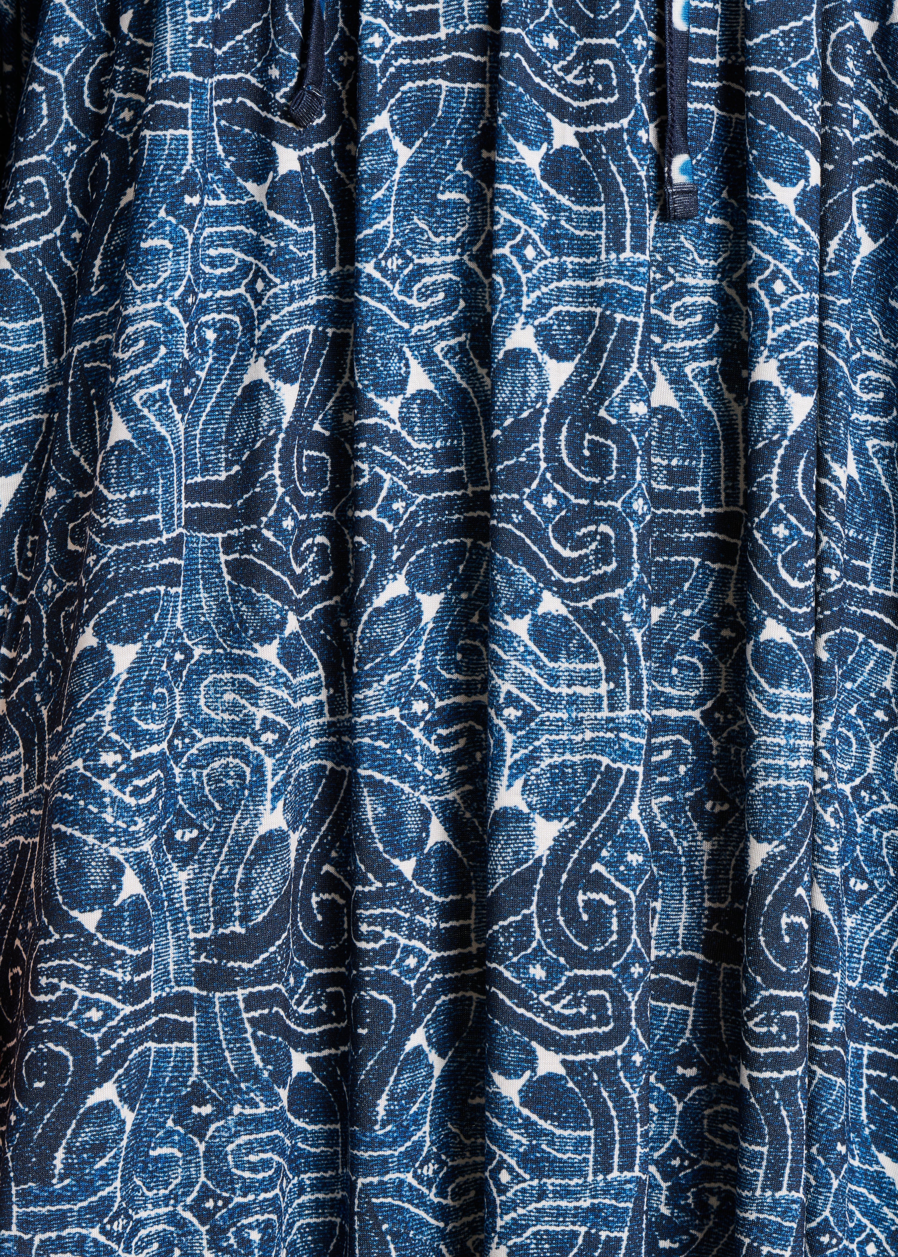 Abito lungo blu in jersey patchwork stampato