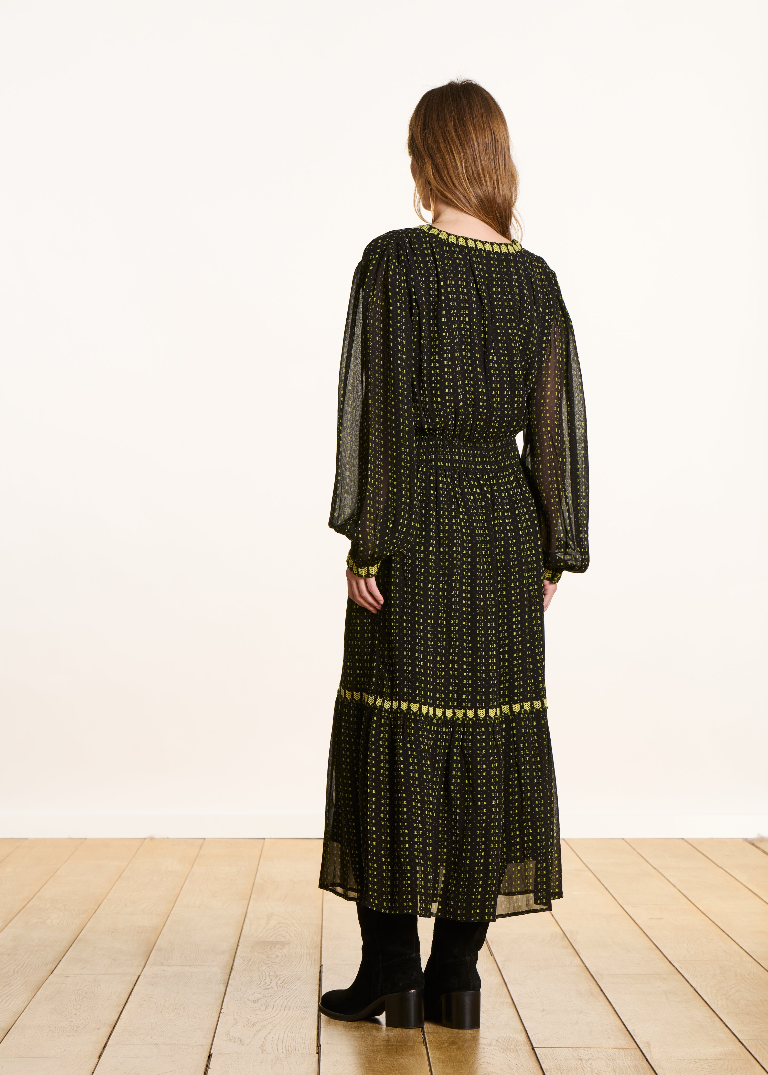 Long fitted green printed dress with long sleeves