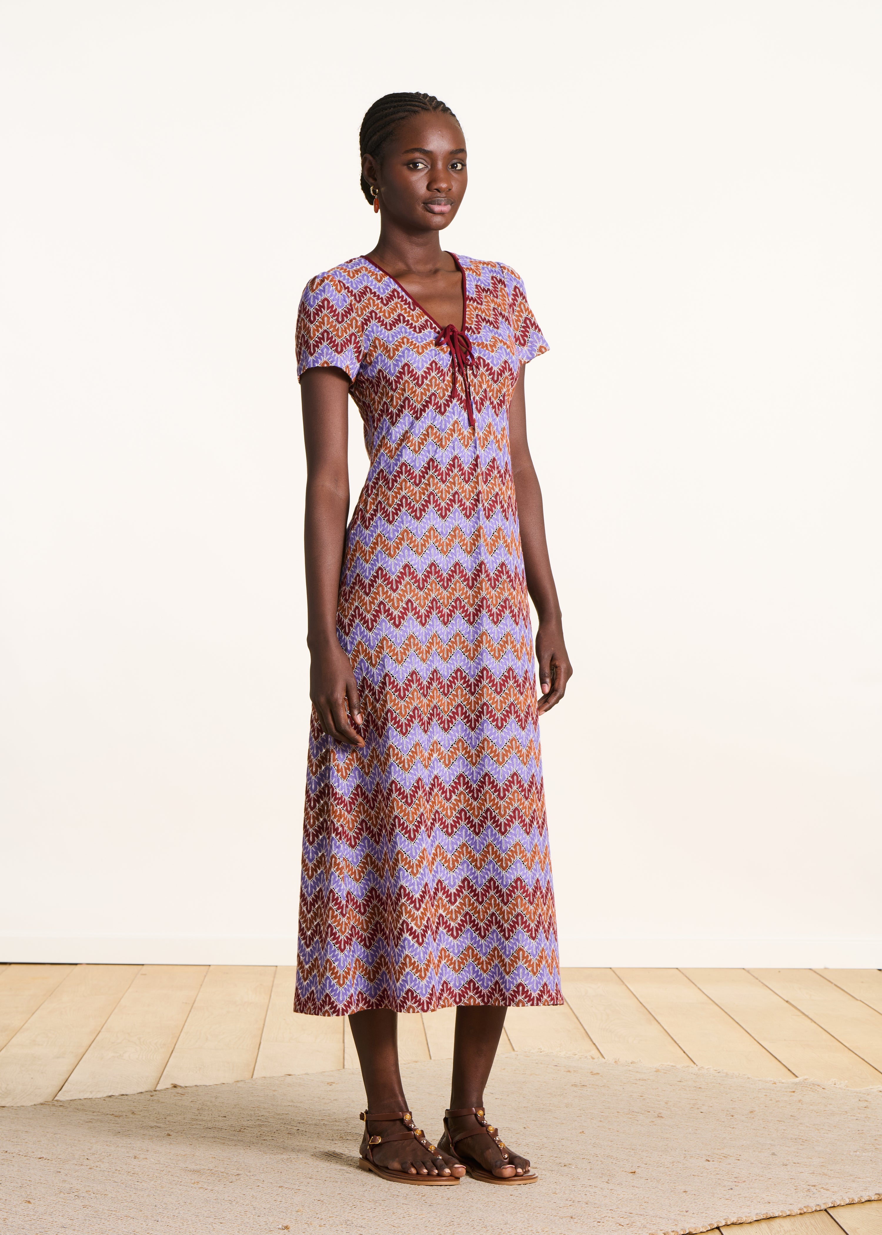 Multicolored crochet short-sleeve midi dress