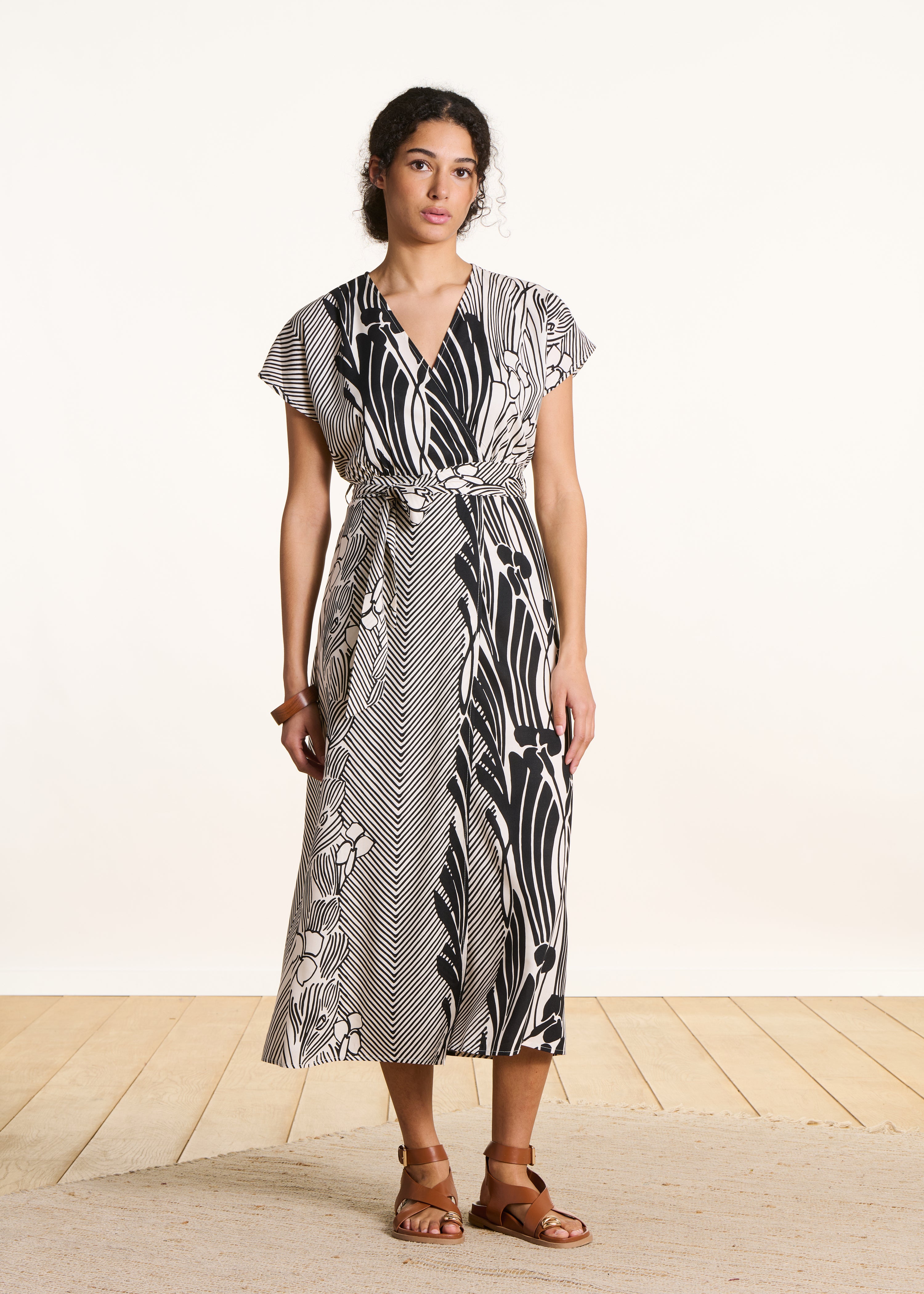 Long wrap dress with black and white print