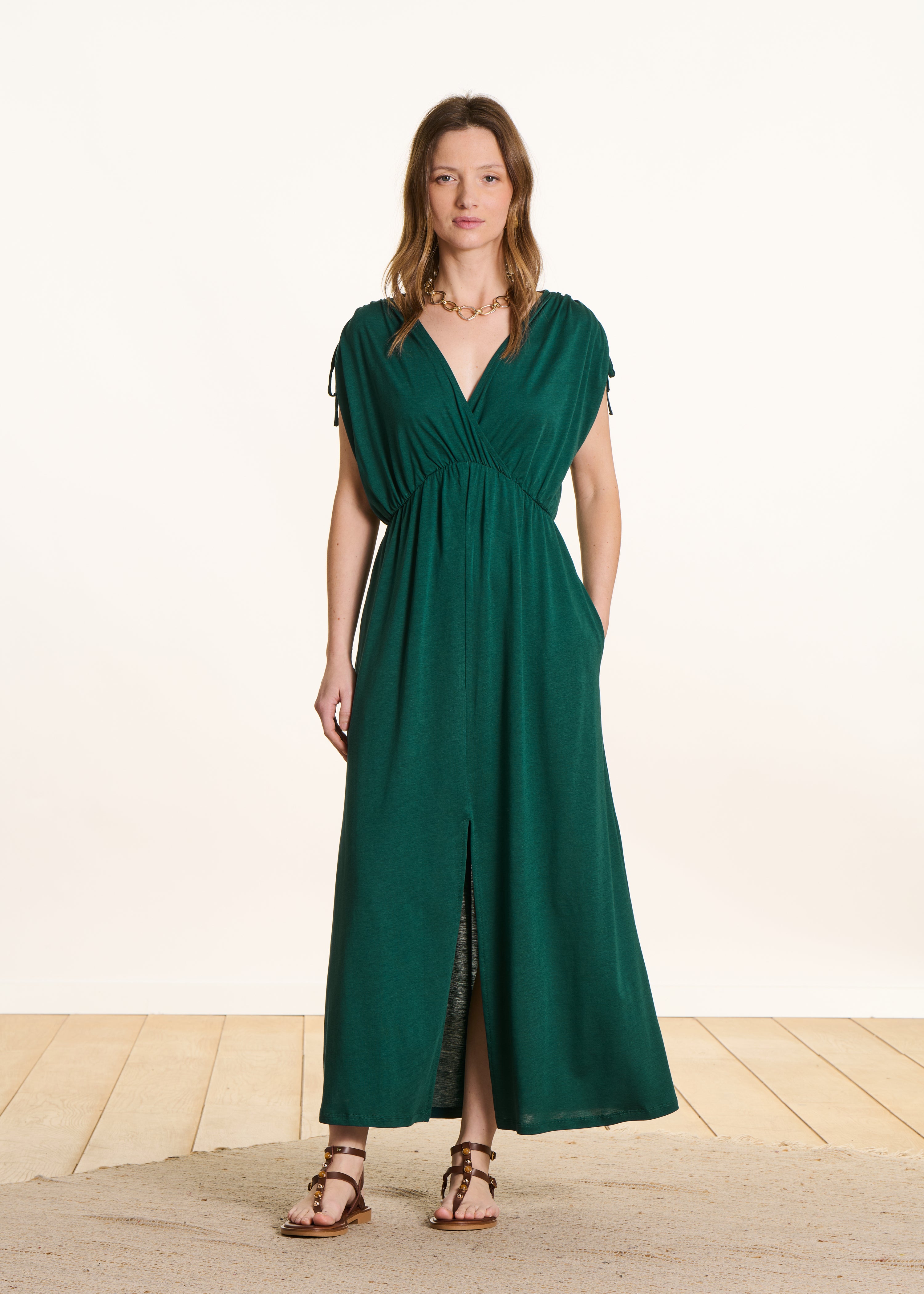 Petrol blue long dress in lyocell