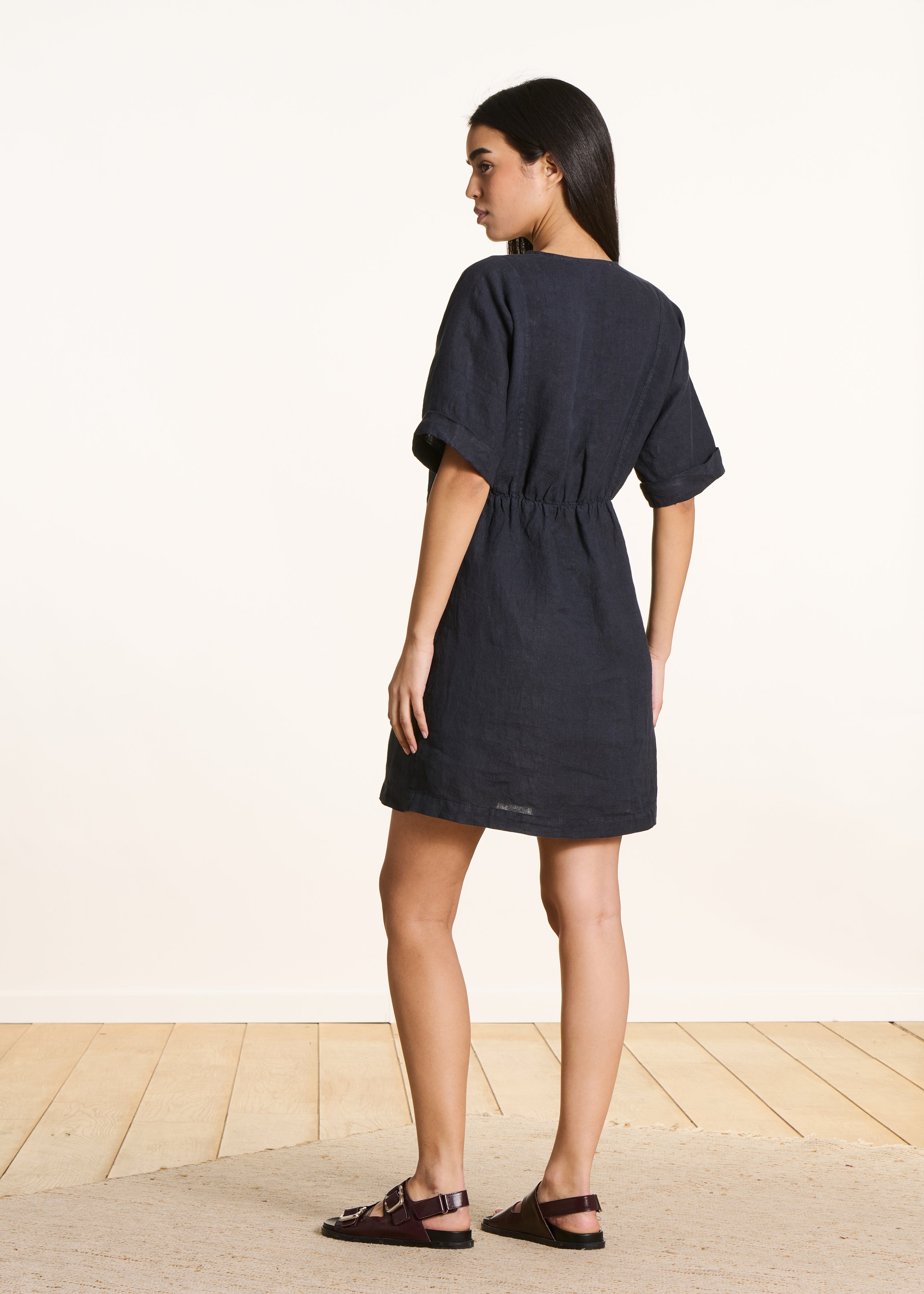 Loose short dark blue linen dress with V-neck