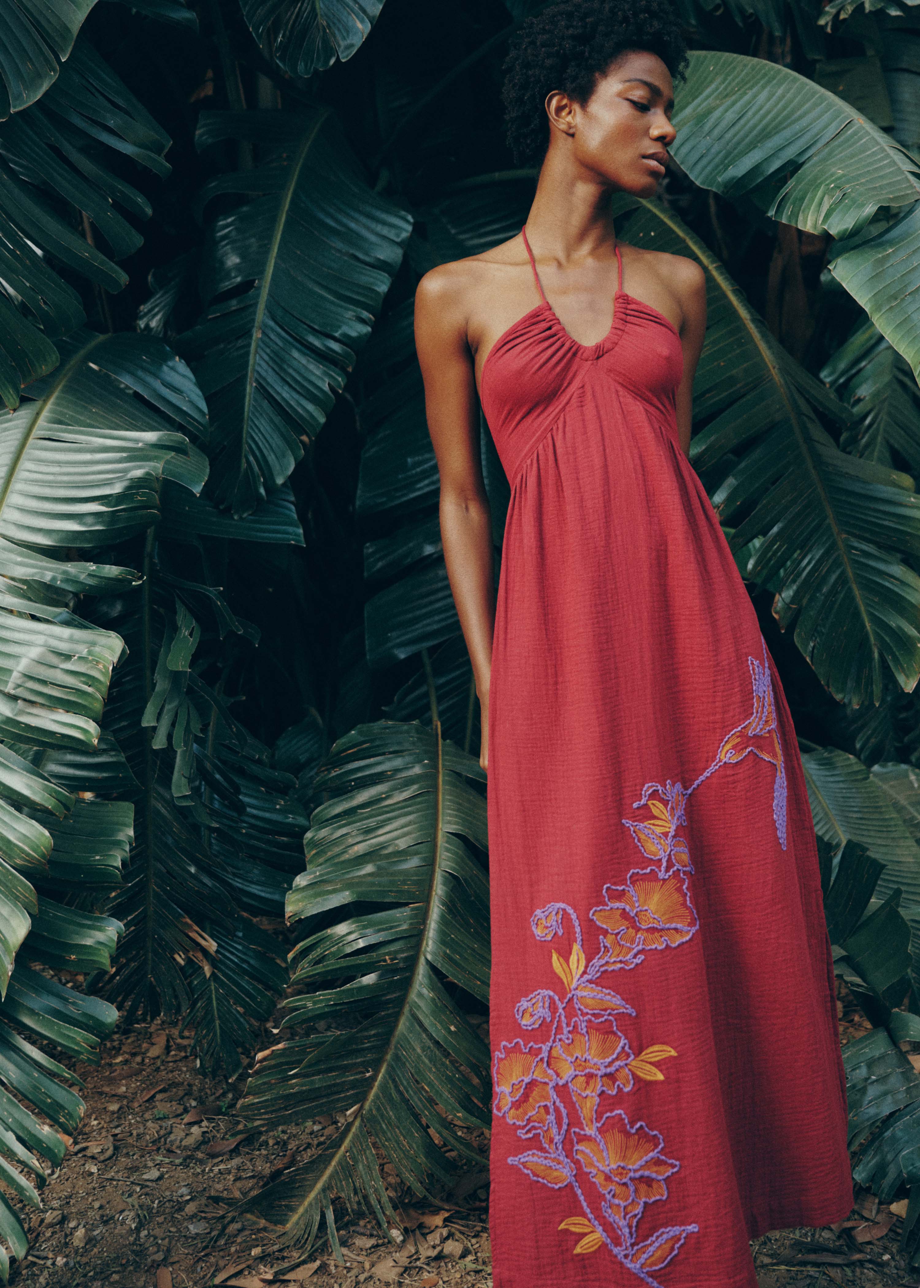 Robe longue bustier en gaze de coton marron brodée