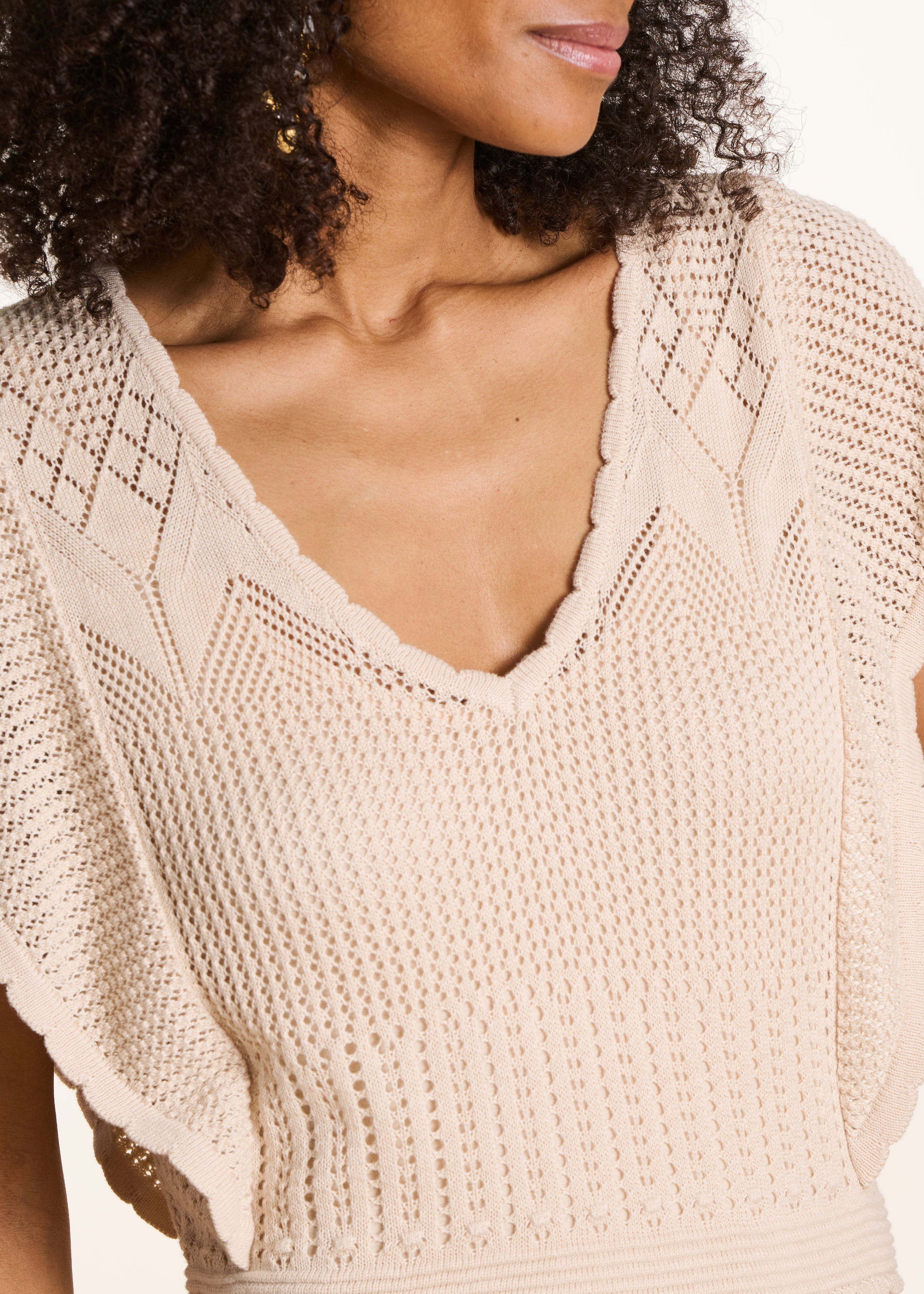 Beige long dress in pointelle knit