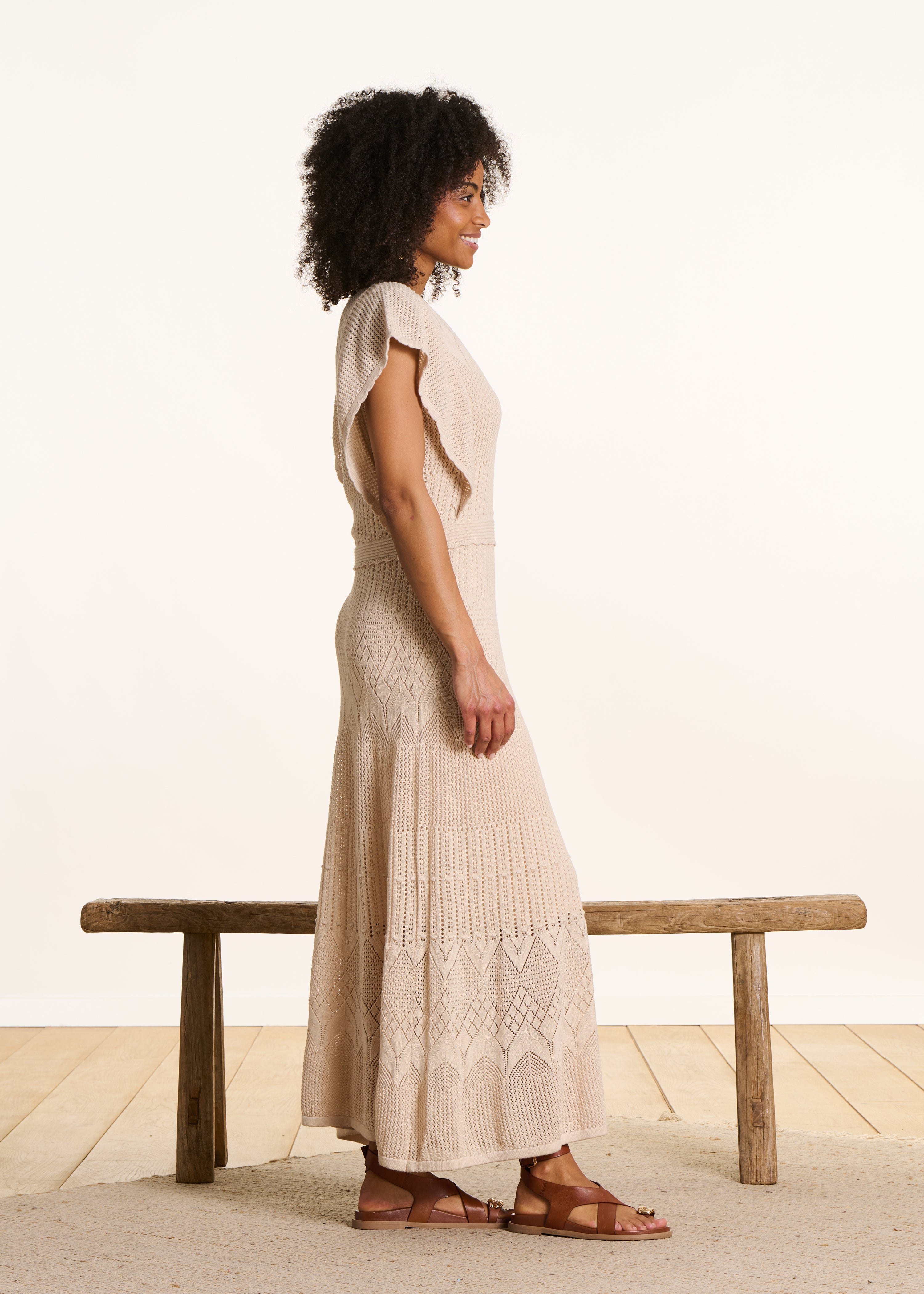 Beige long dress in pointelle knit