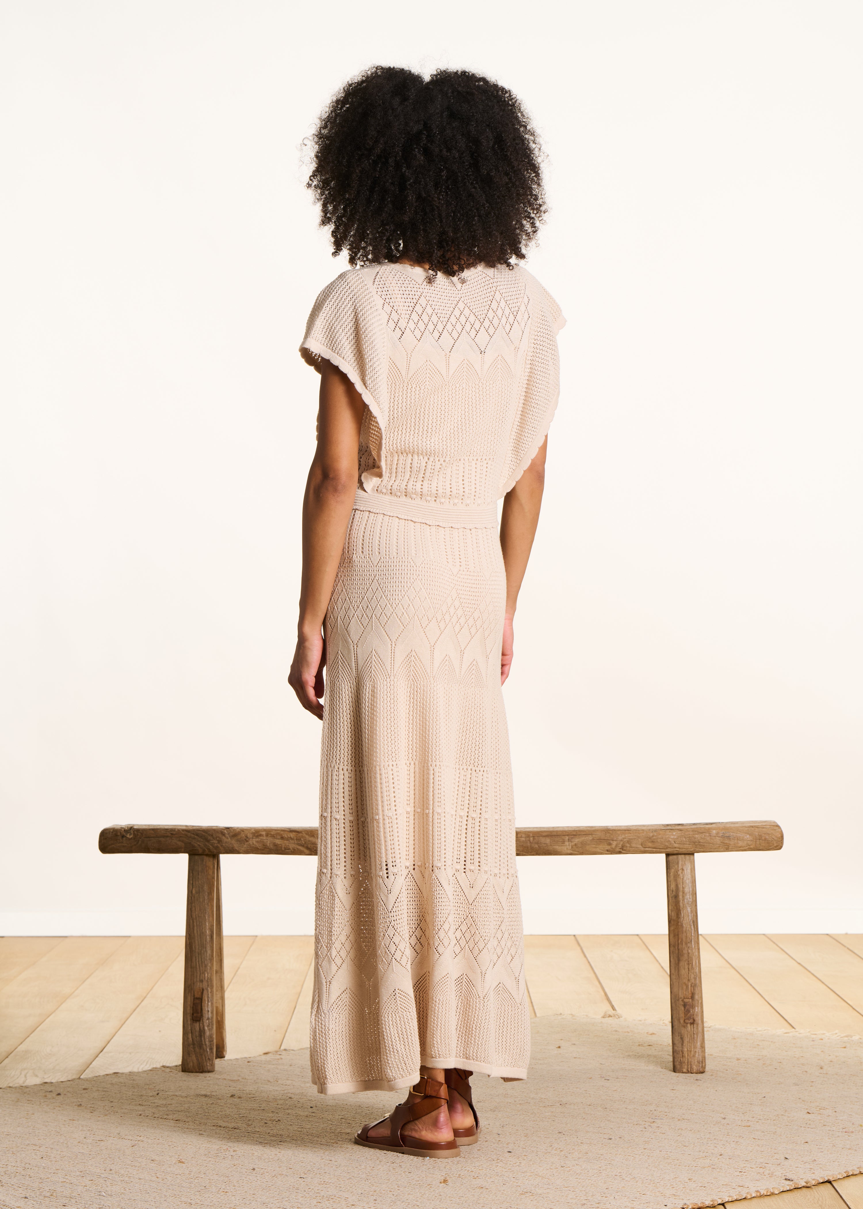 Beige long dress in pointelle knit
