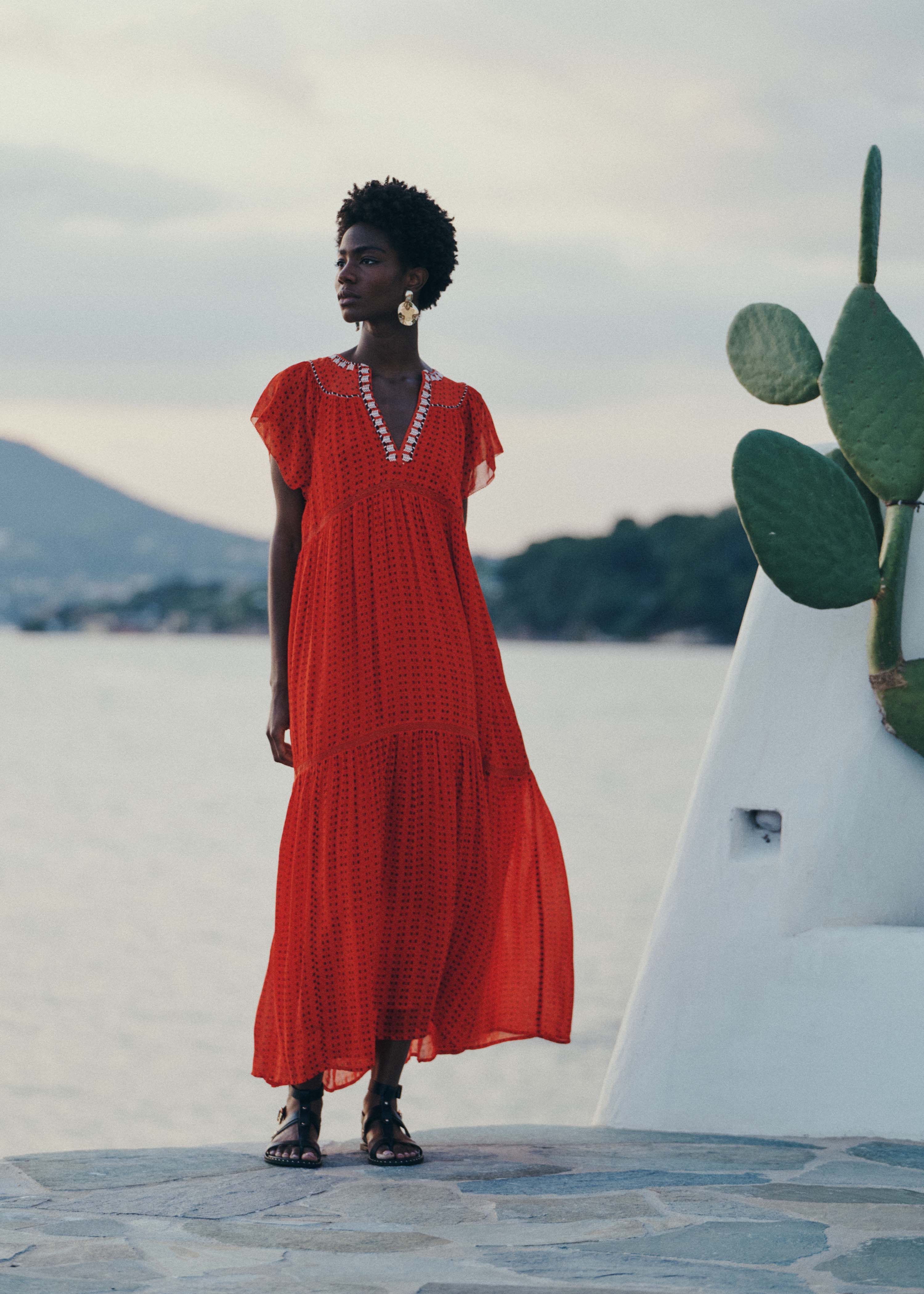 Red printed long dress with ruffles