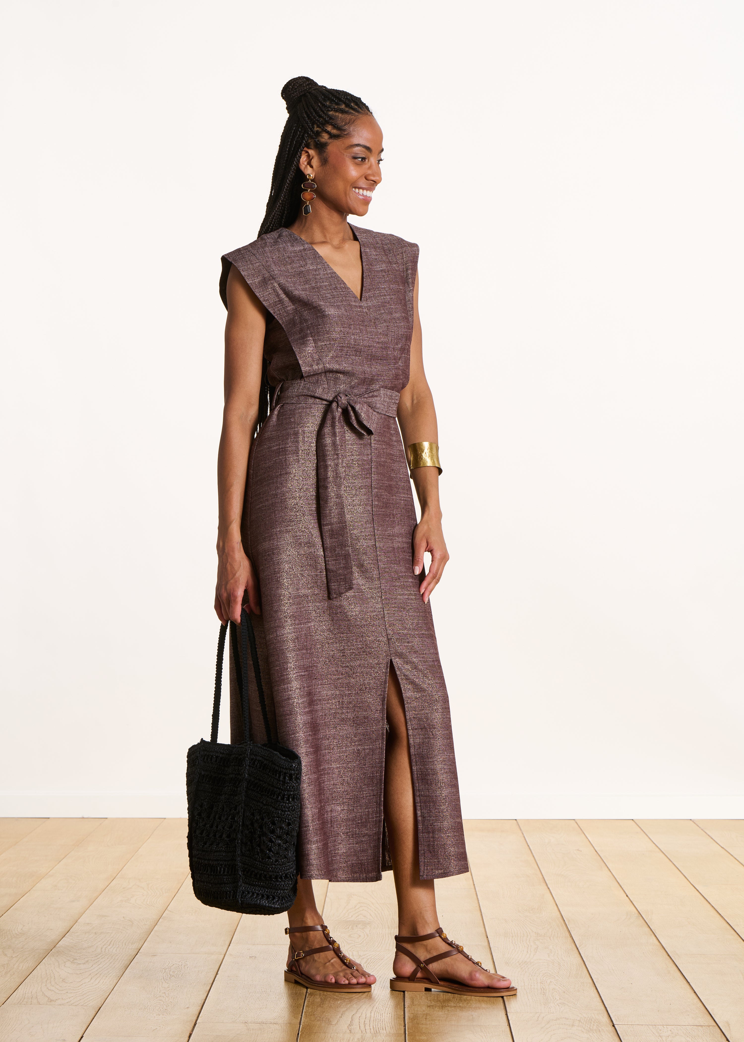 Iridescent brown midi wrap dress