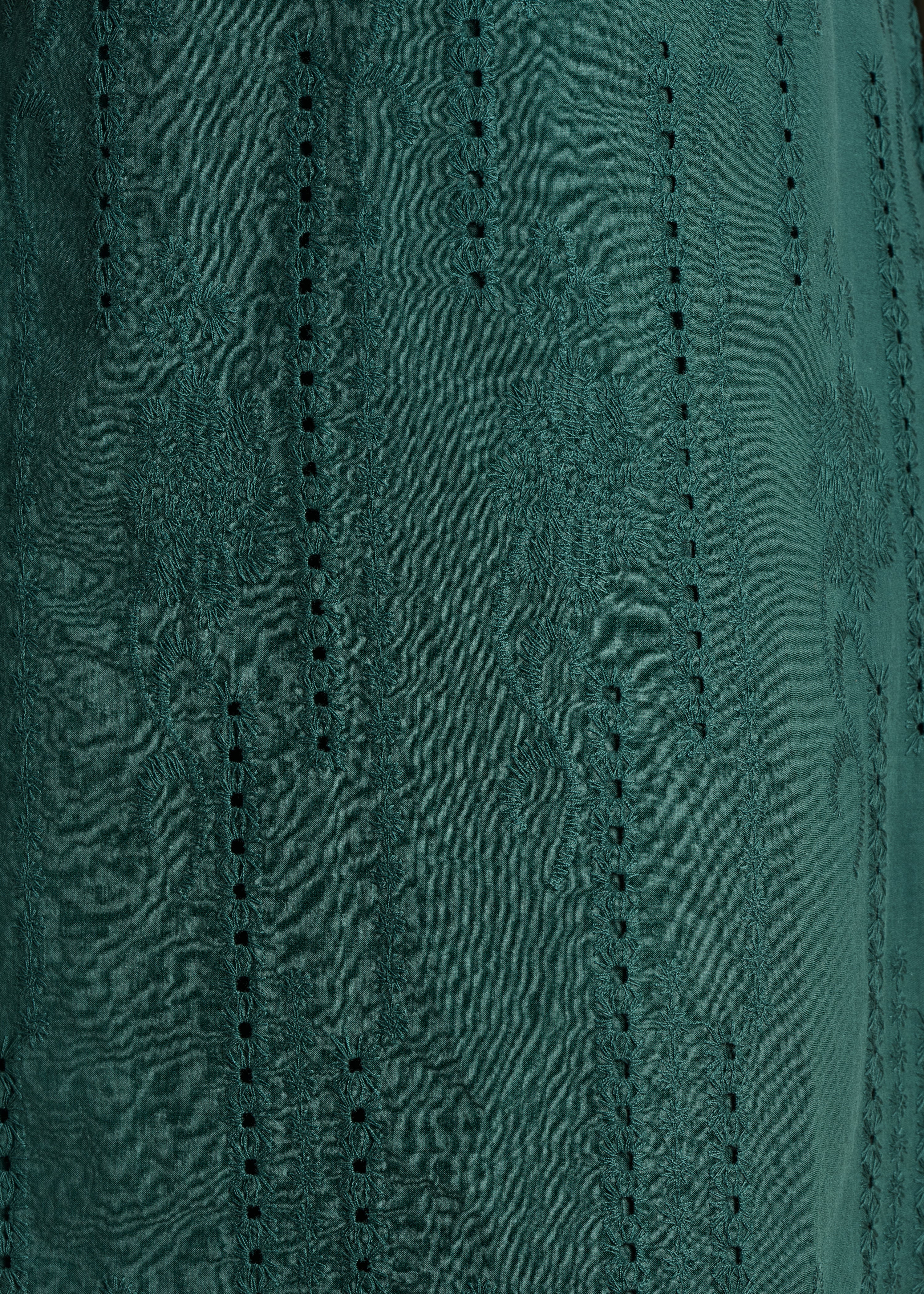 Dark green mid-length dress in eyelet embroidery