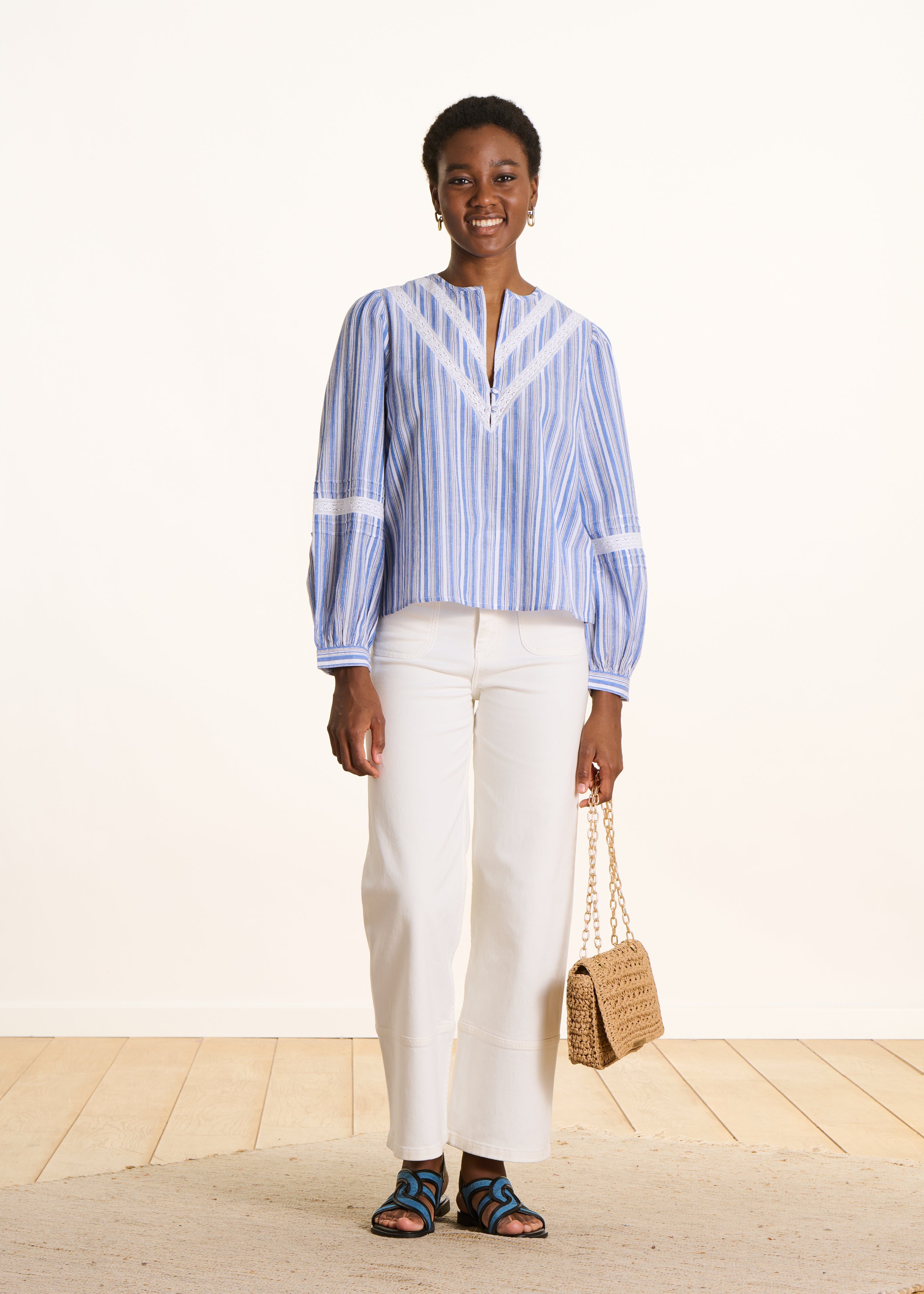 Striped blouse in white and blue organic cotton