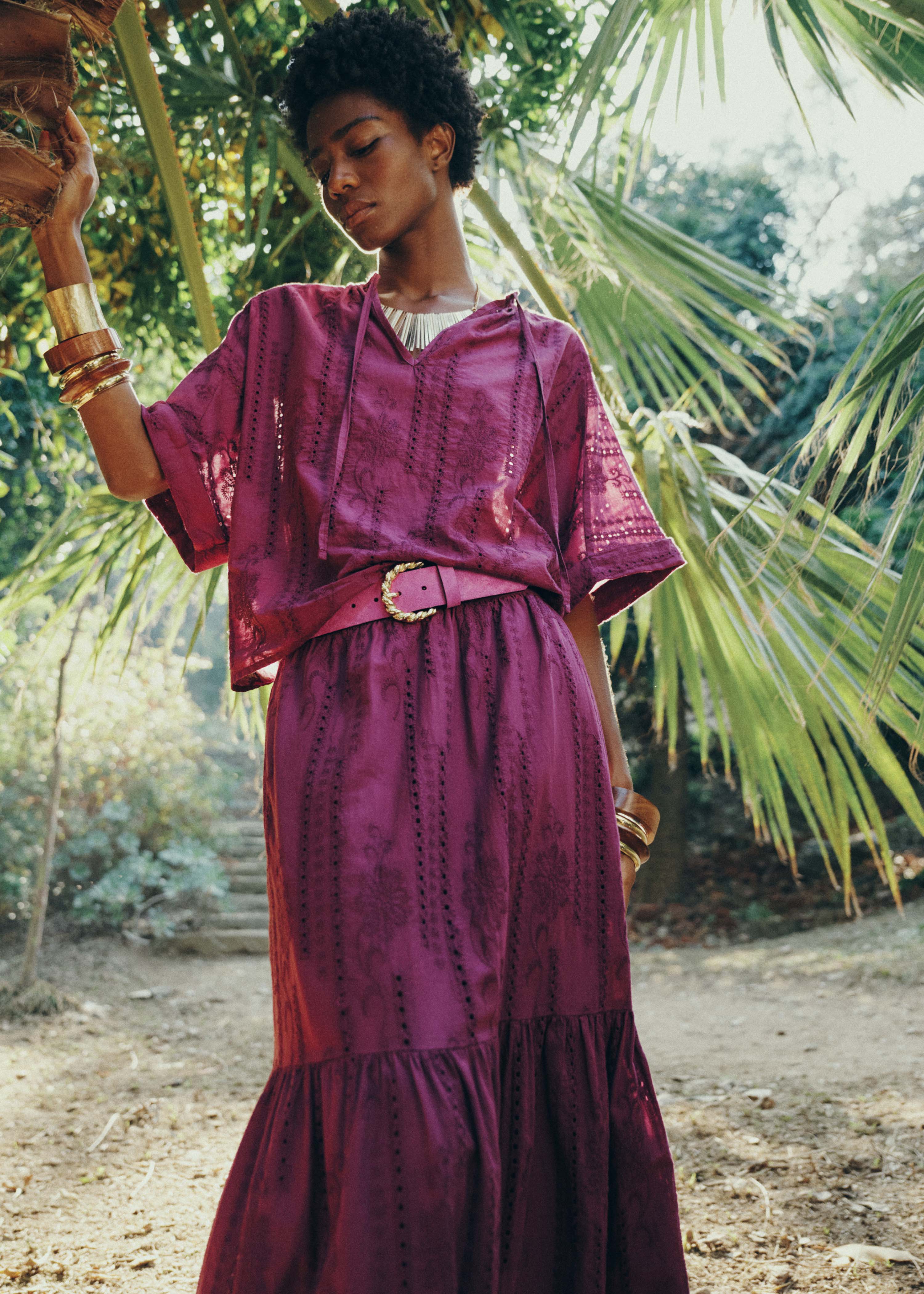 Loose blouse in purple eyelet embroidery