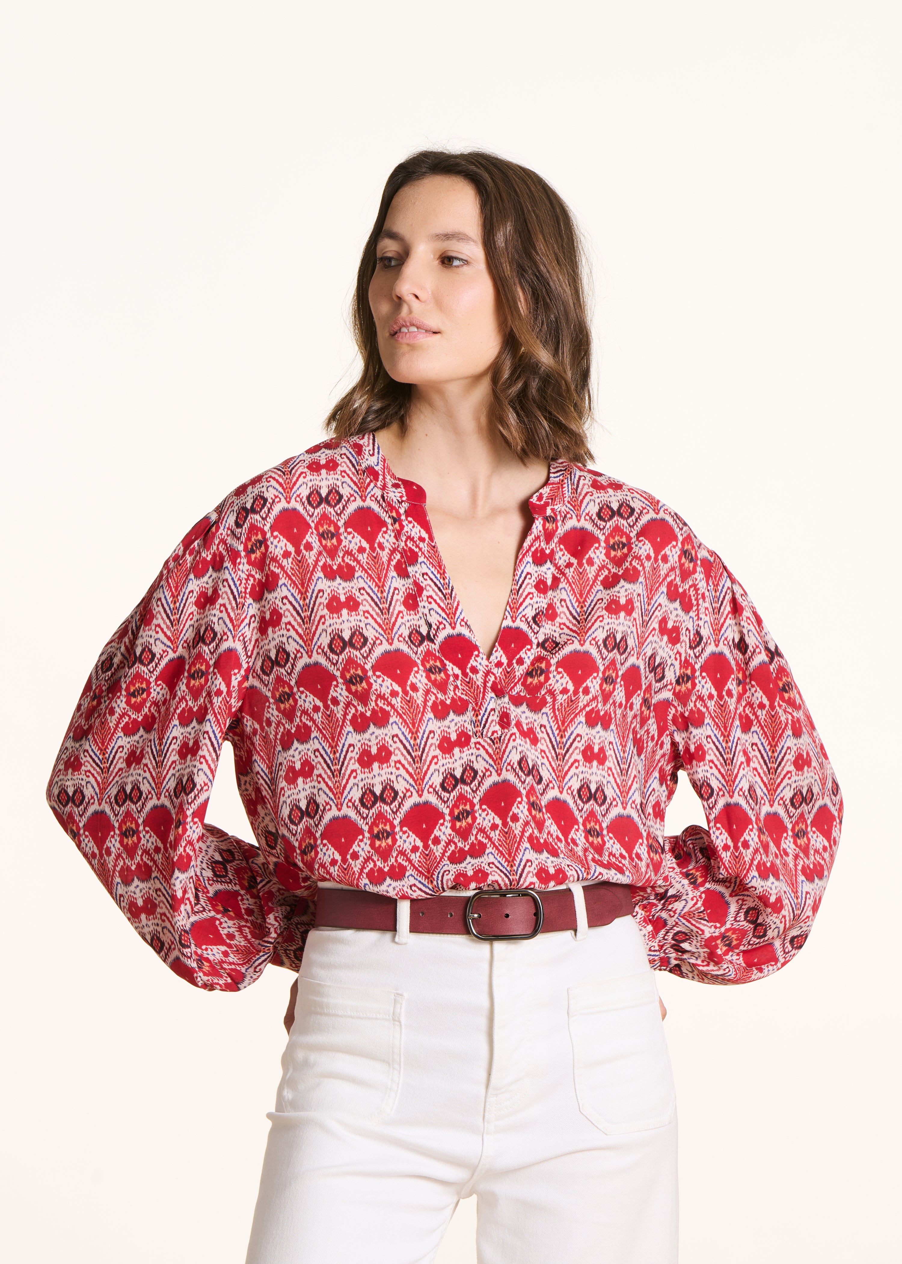 Loose red print top with long sleeves