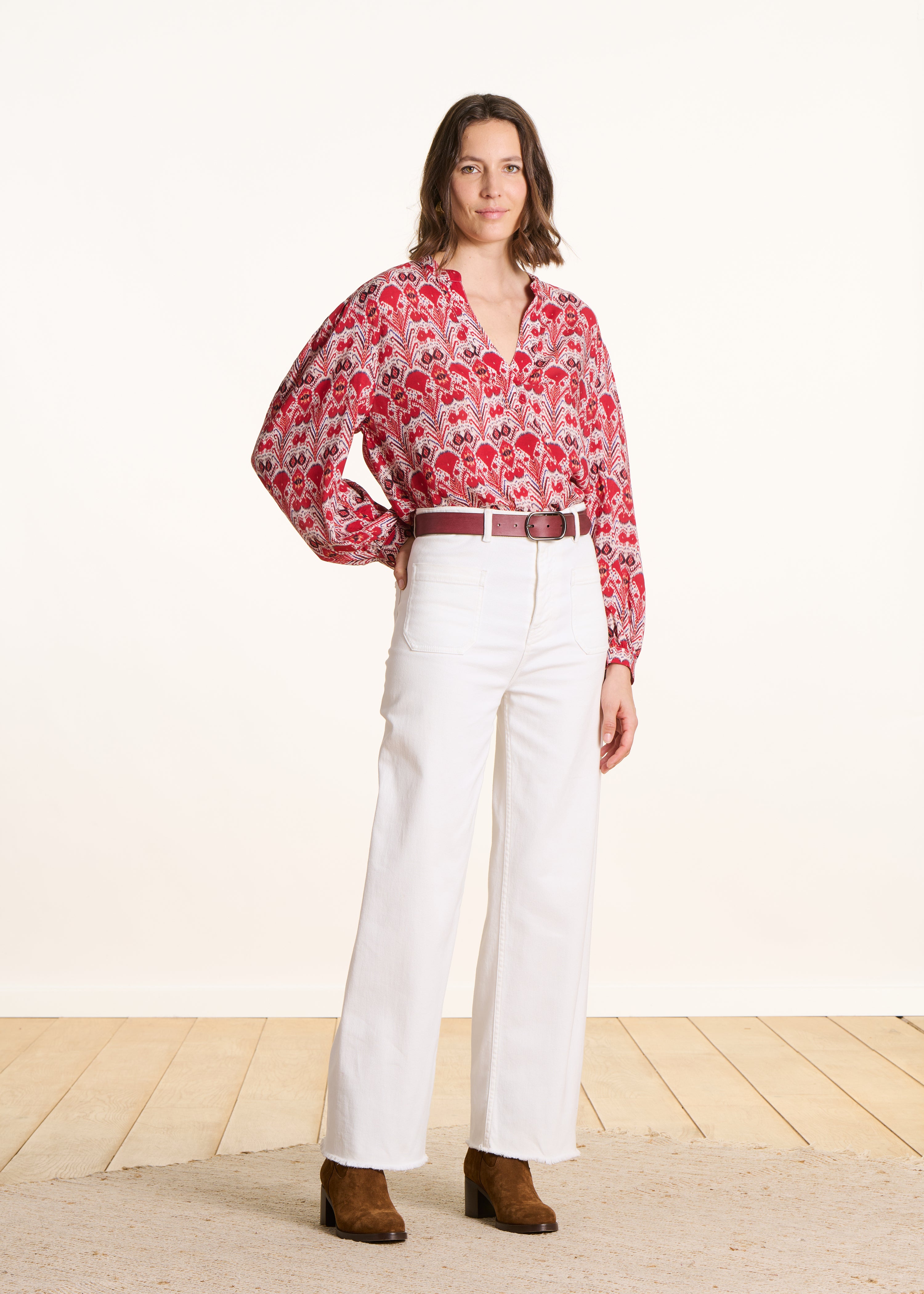 Loose red print top with long sleeves