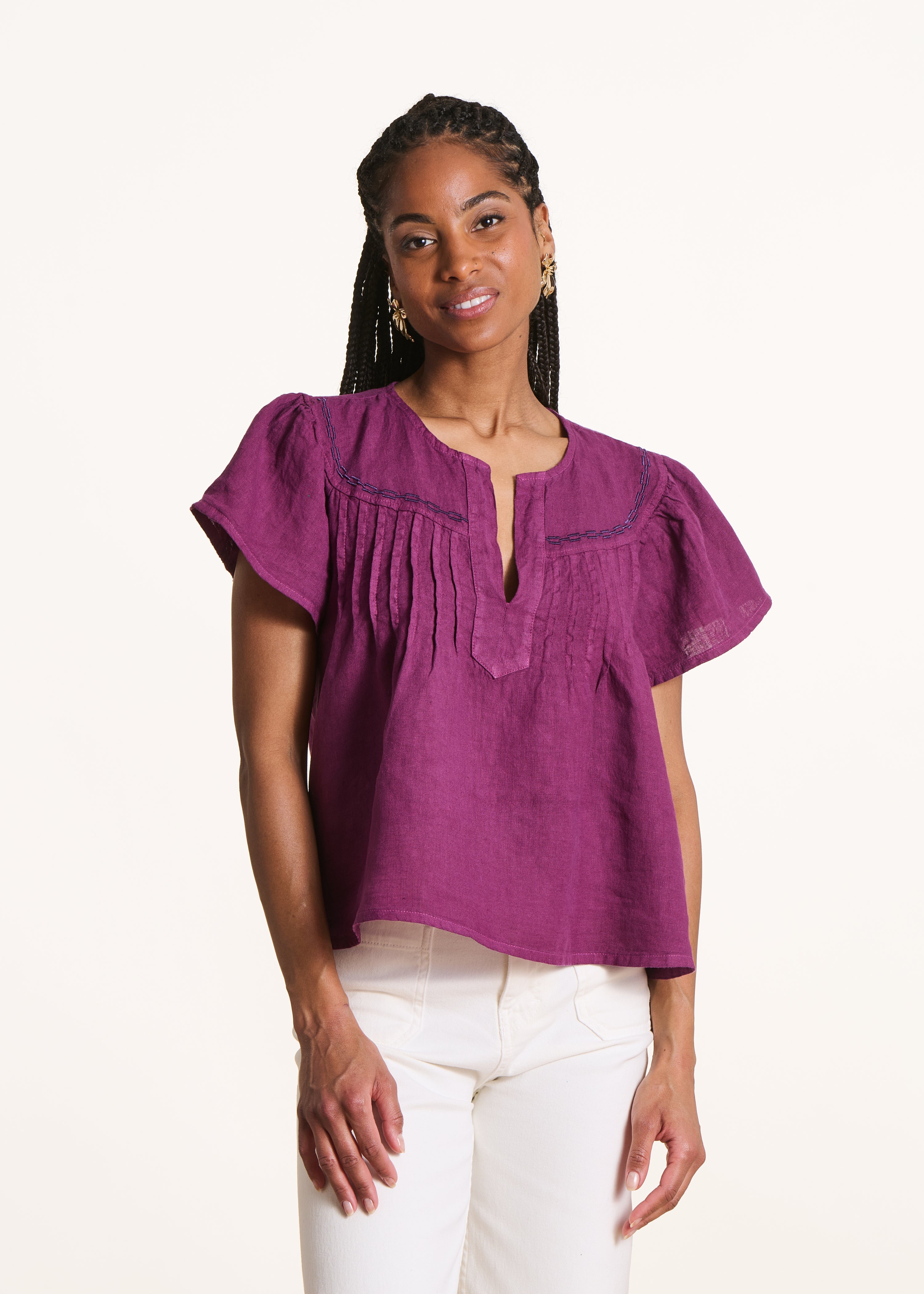 Top ample violet en lin manches courtes