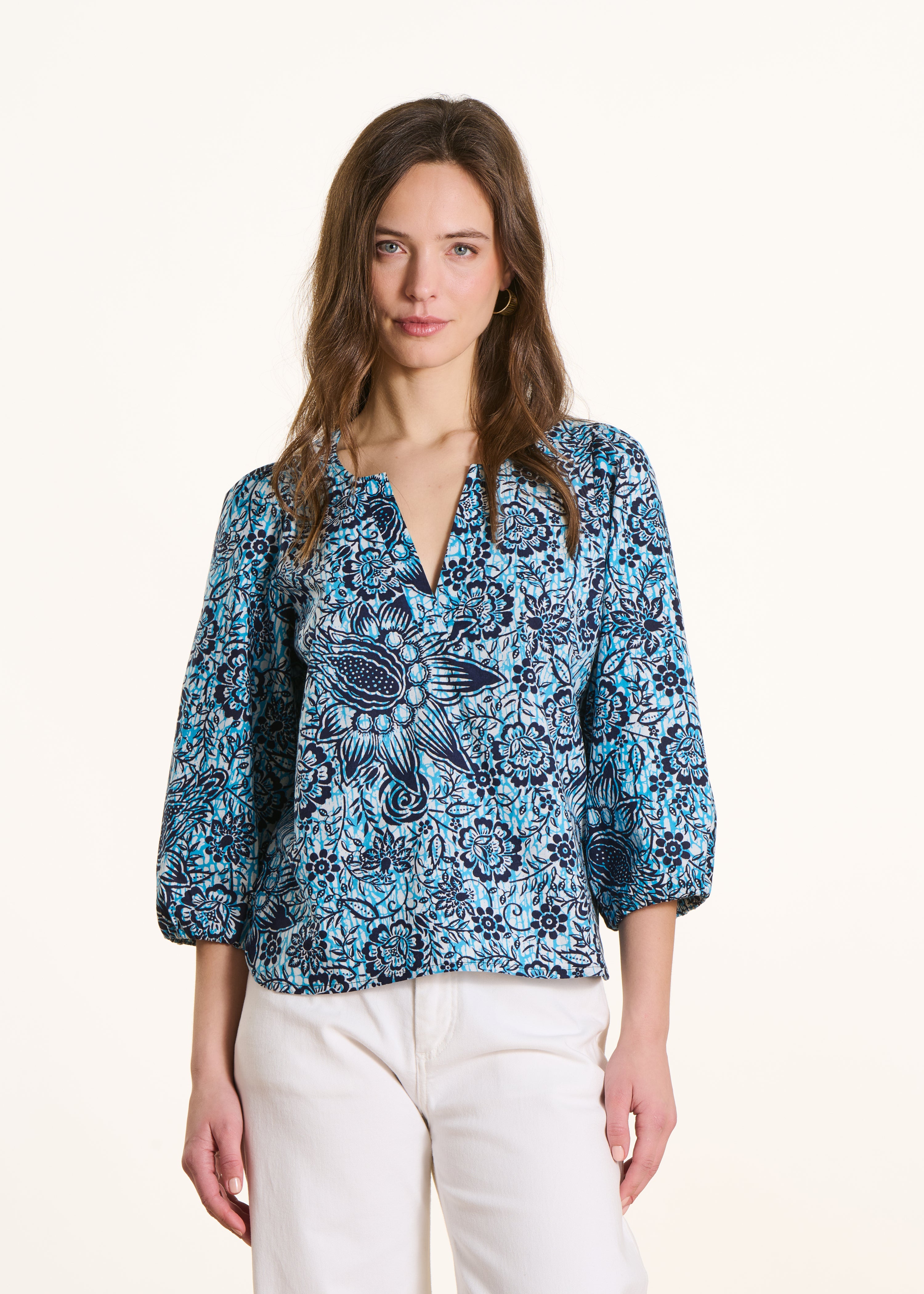 Top bleu en popeline de coton à imprimé floral