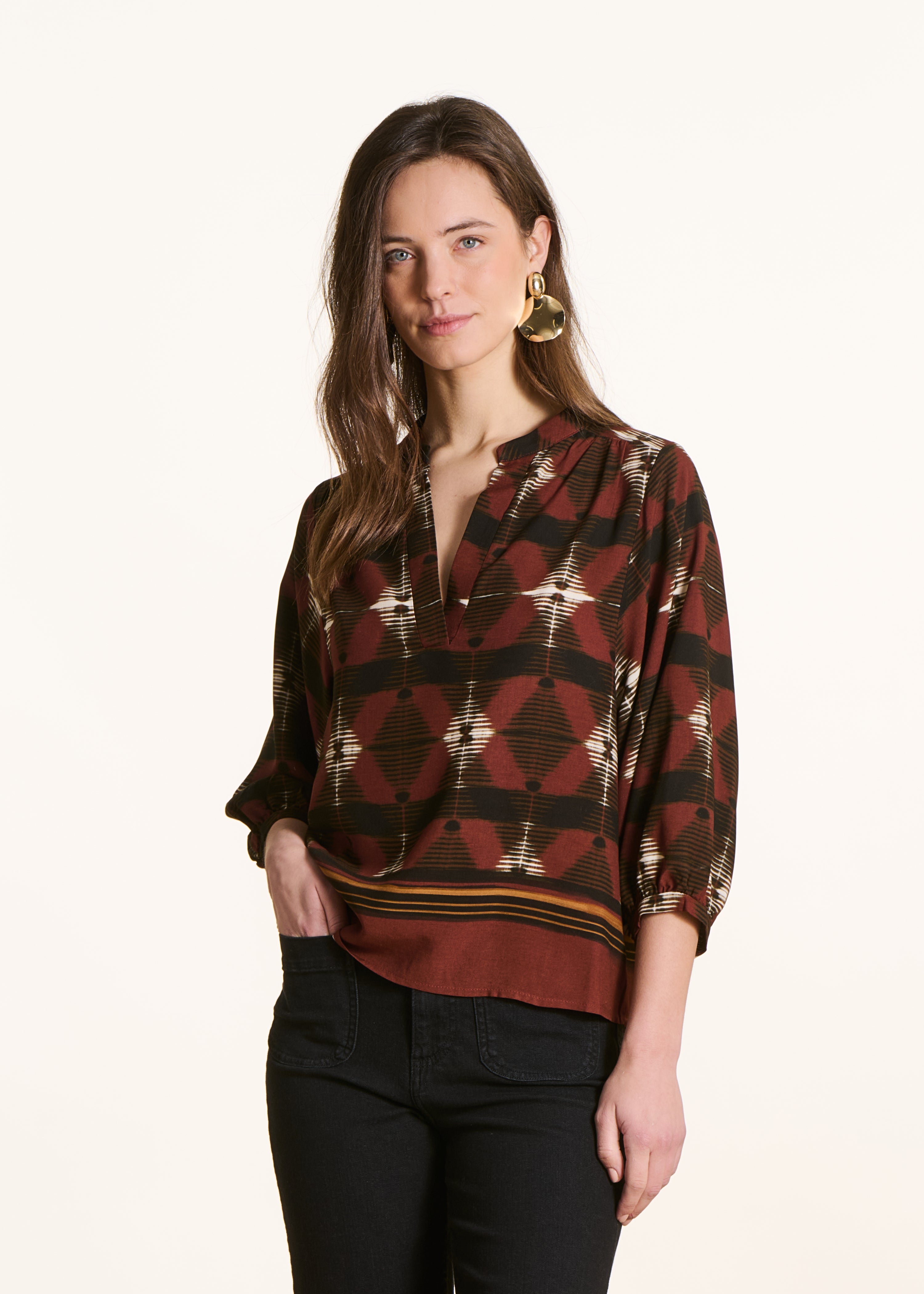 Top marron à imprimé manches courtes