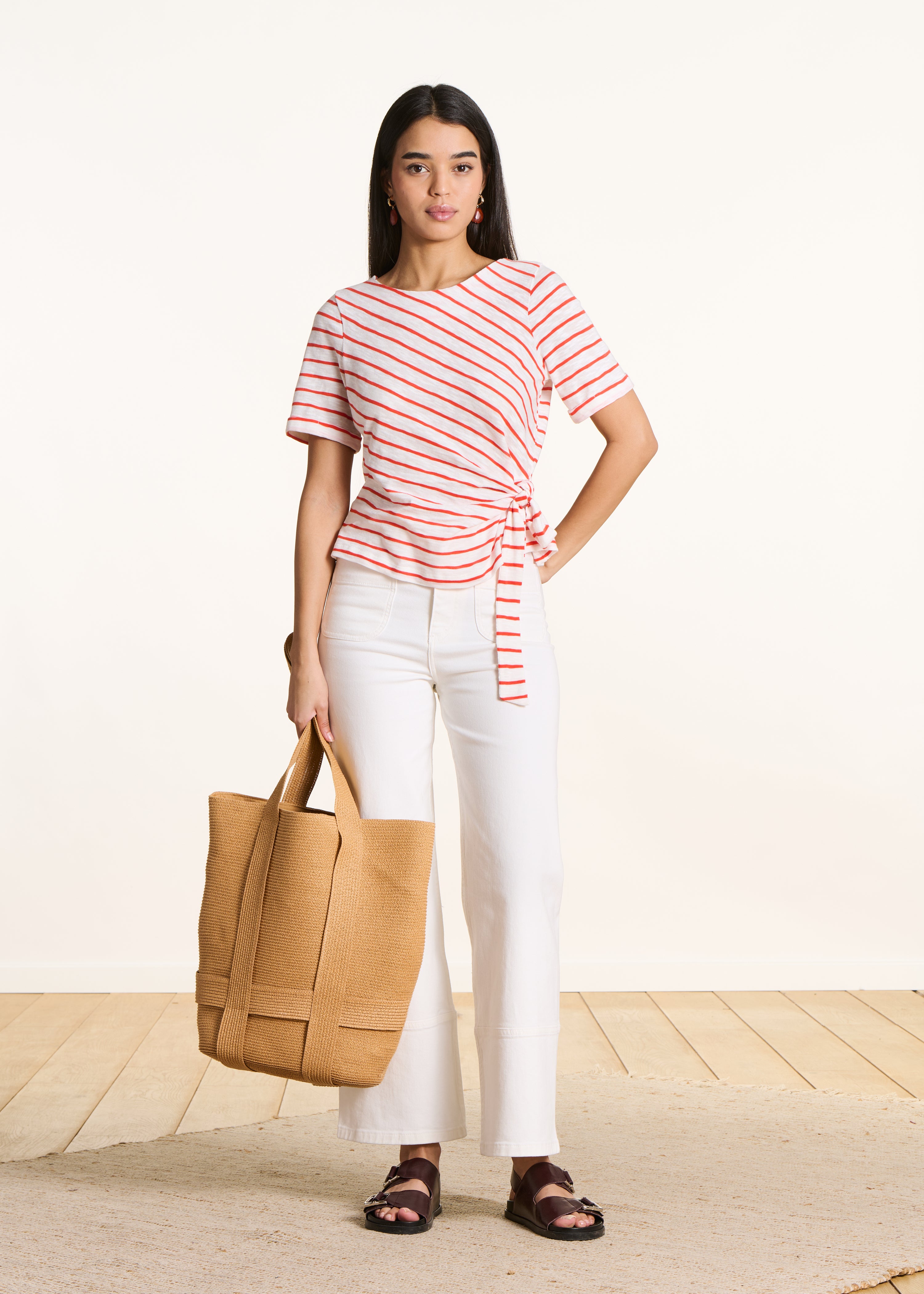 T-shirt écru à rayures orange manches courtes