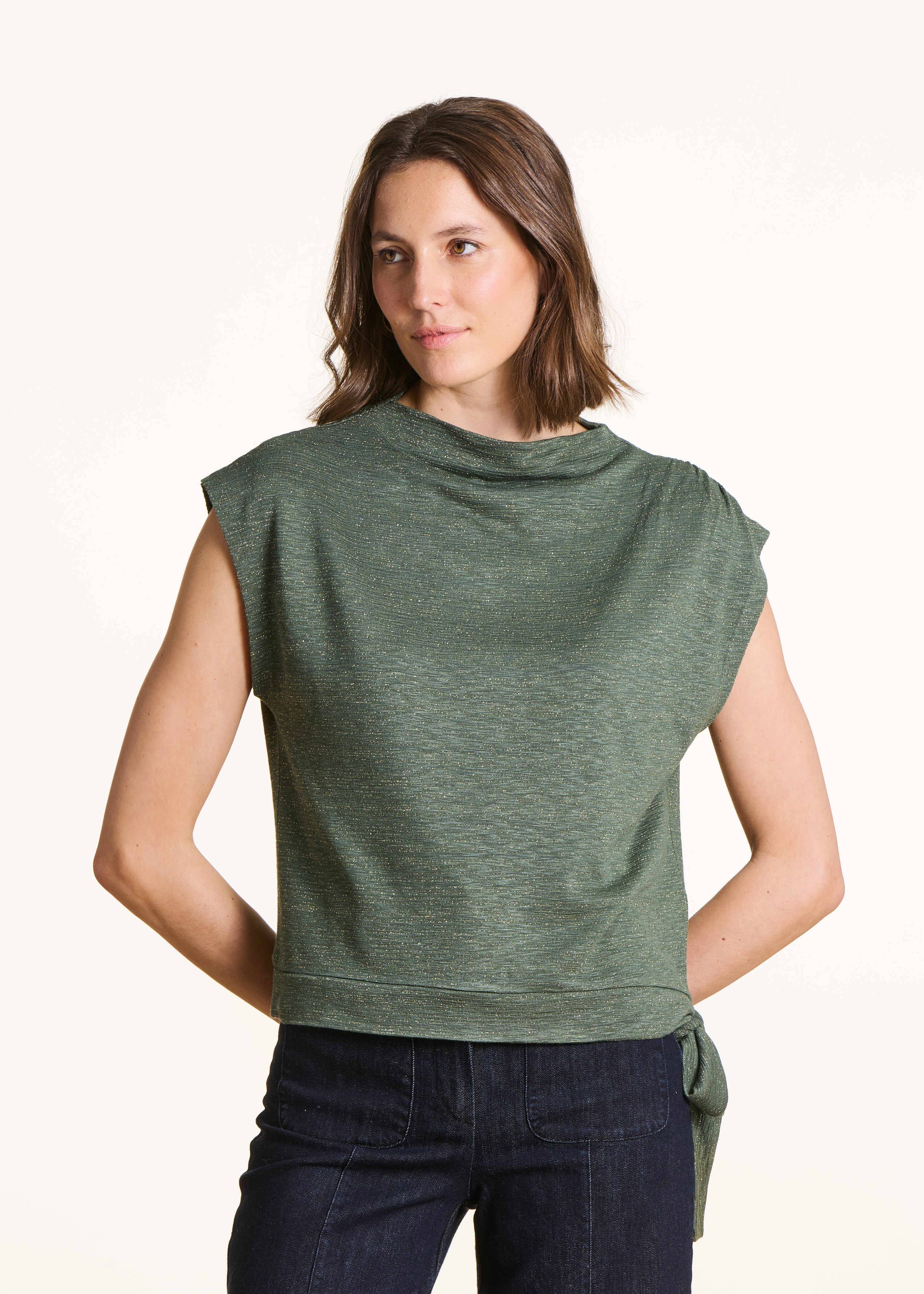 Iridescent khaki sleeveless jersey T-shirt