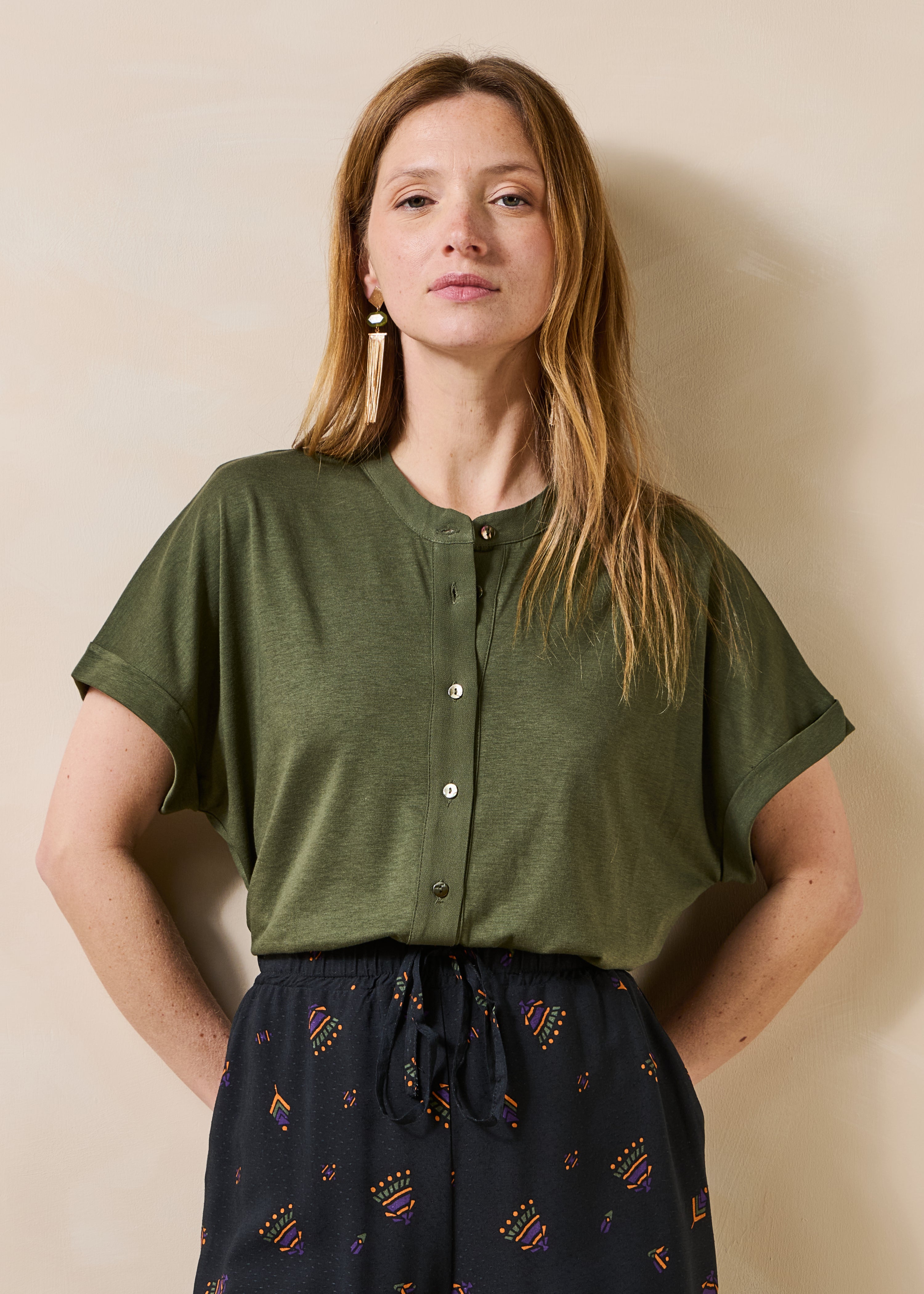 T-shirt kaki bi-matière manches courtes