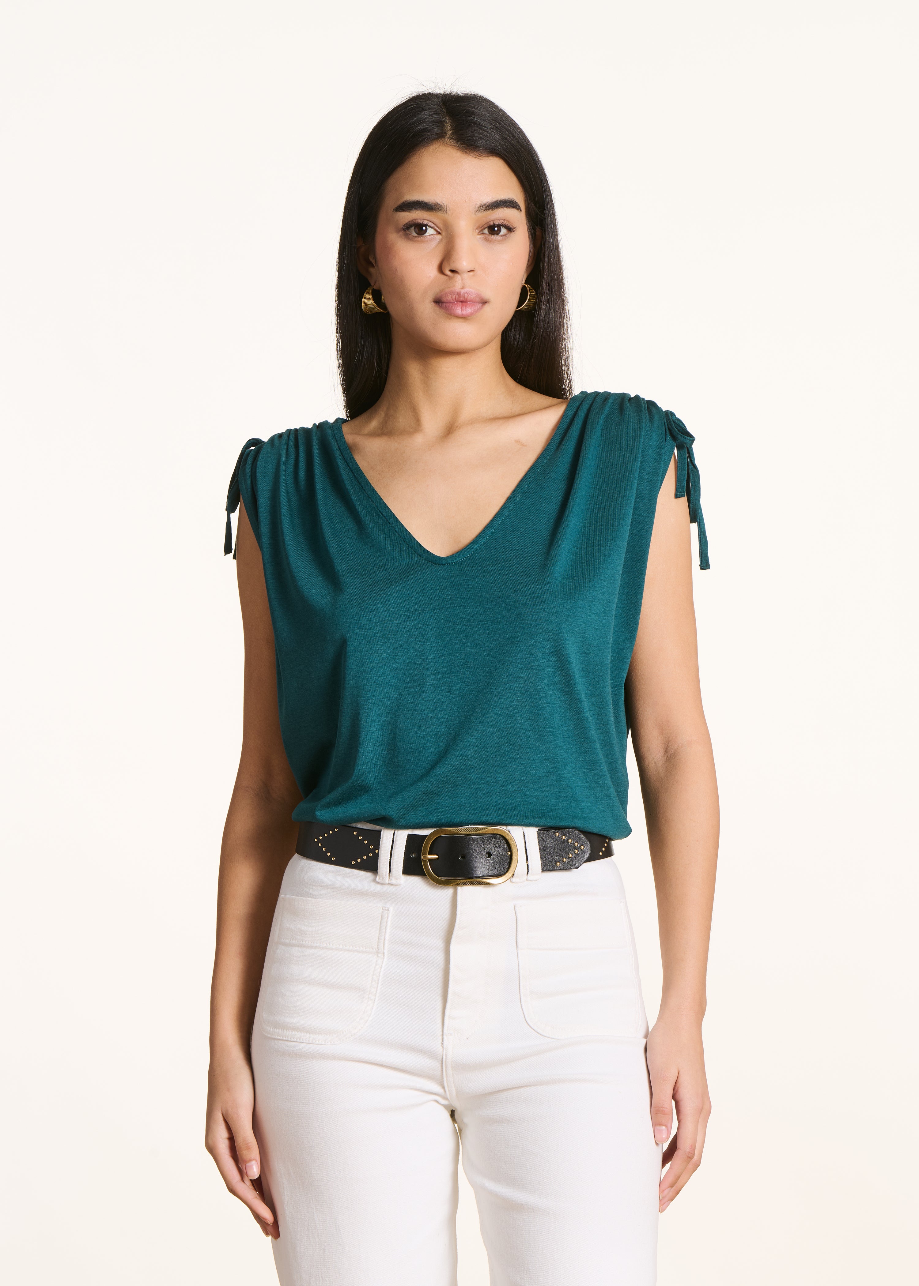 T-shirt ample bleu pétrole col V