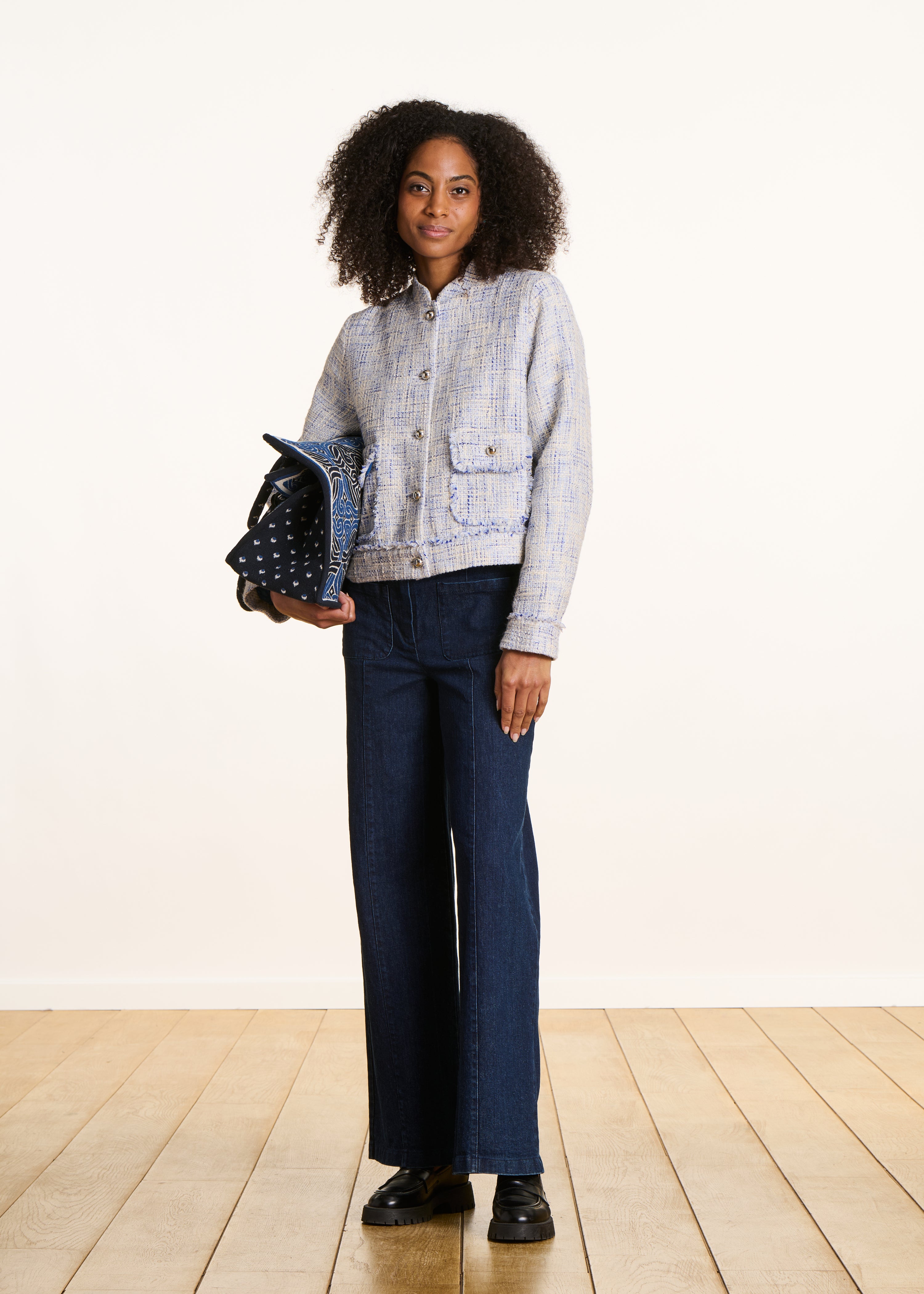 Giacca dritta blu in tweed