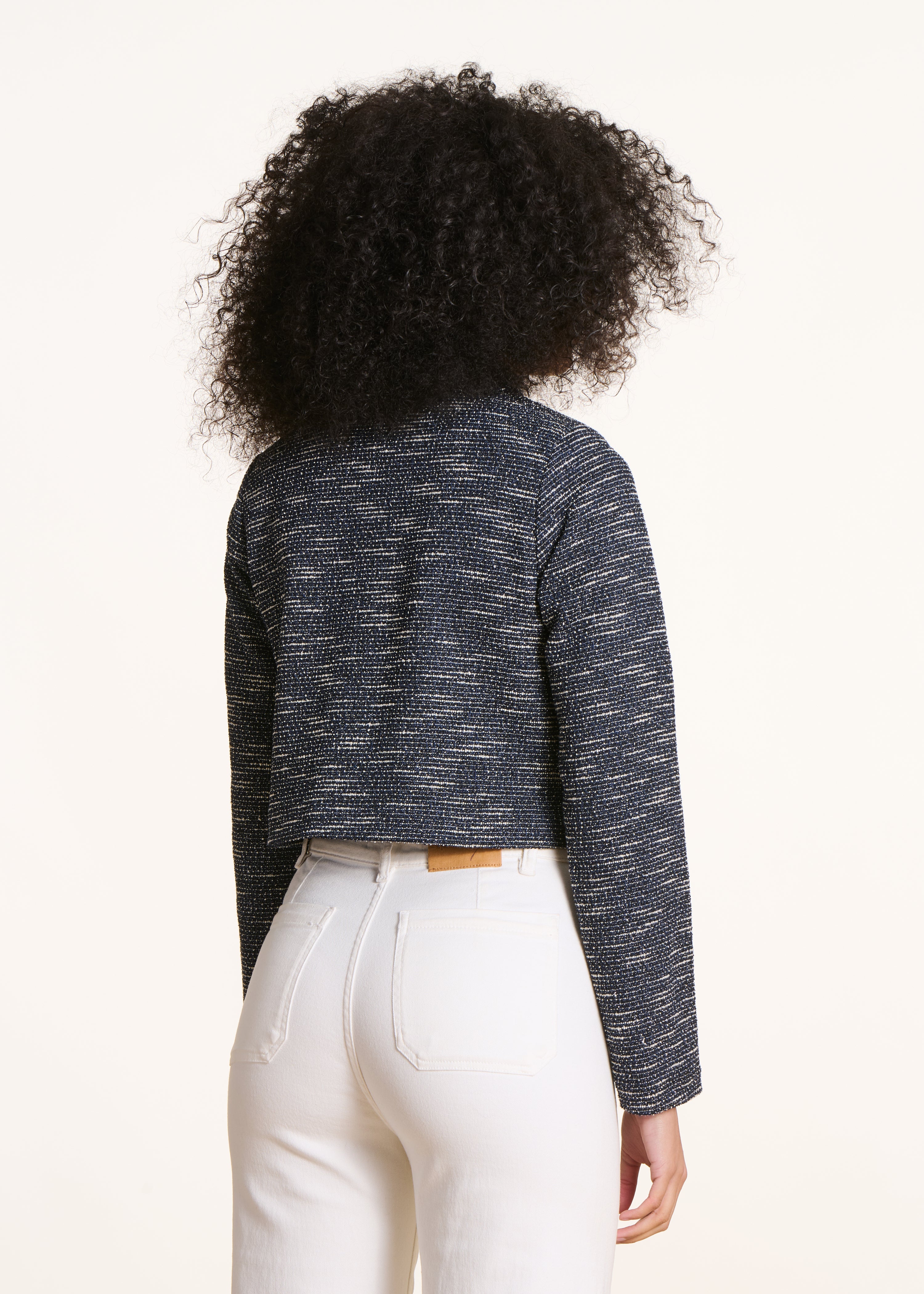 Kurze marineblaue Jacke aus Milano mit Tweed-Effekt