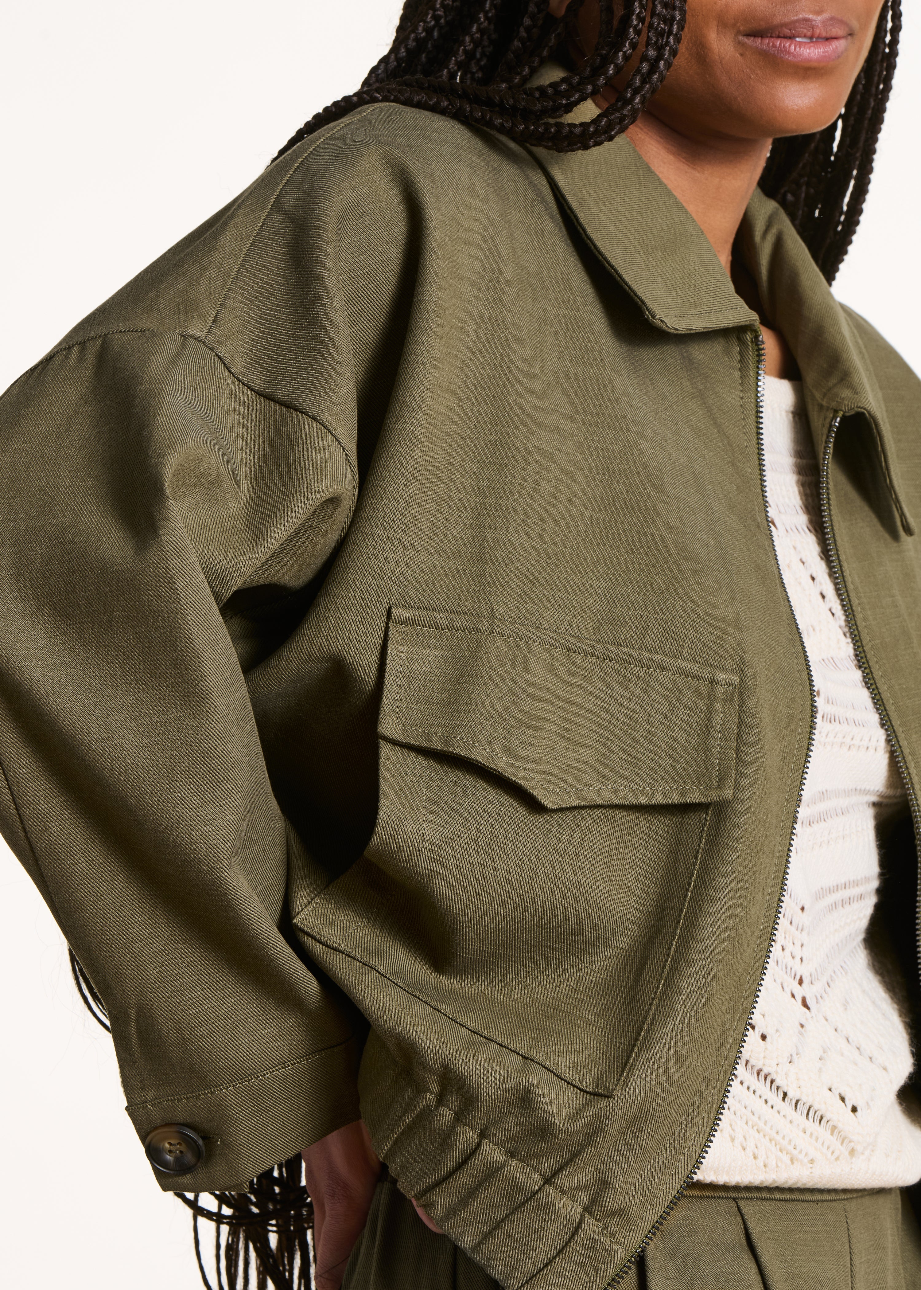 Blouson zippé kaki col chemise