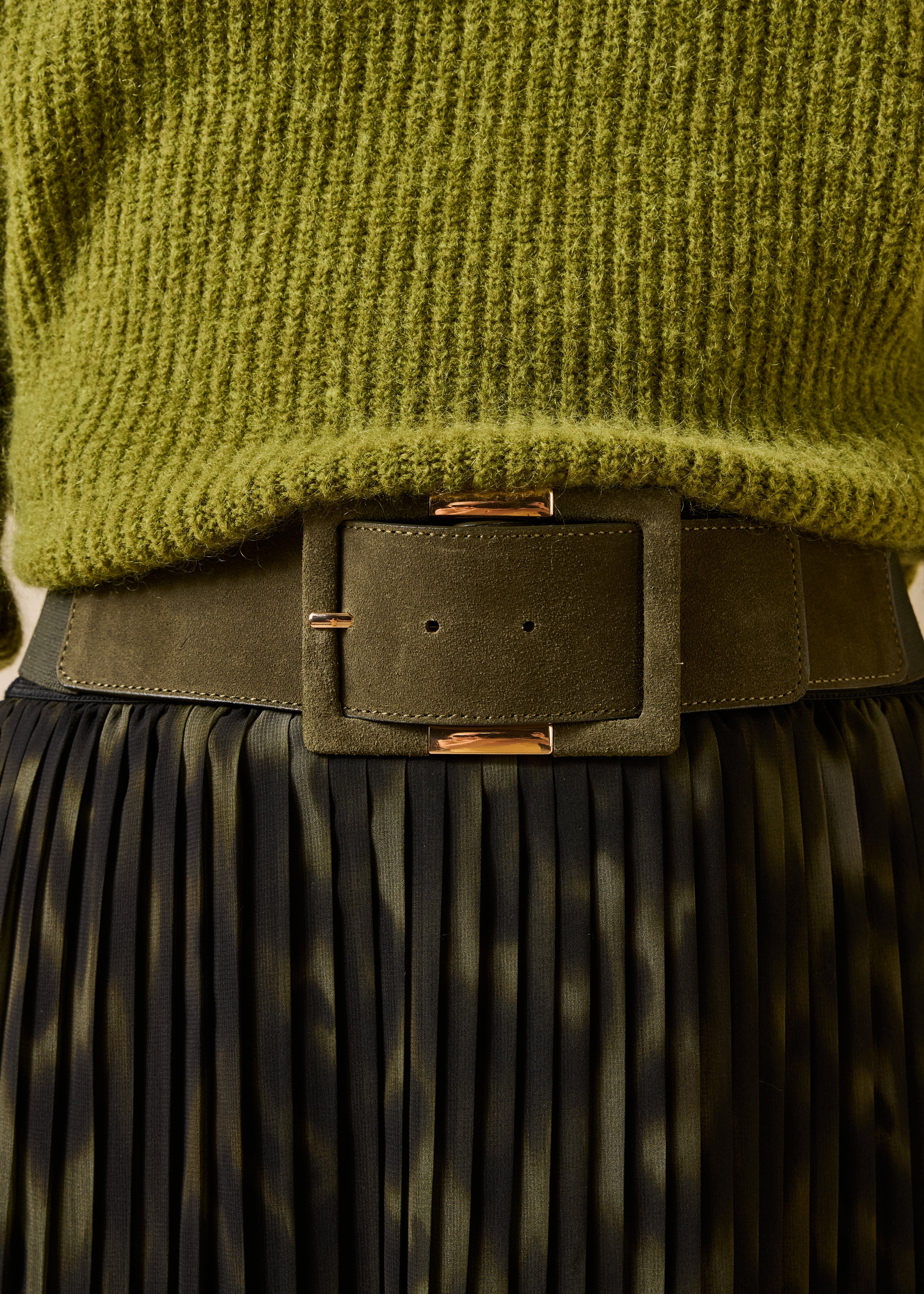 Wide khaki leather belt with rectangular buckle