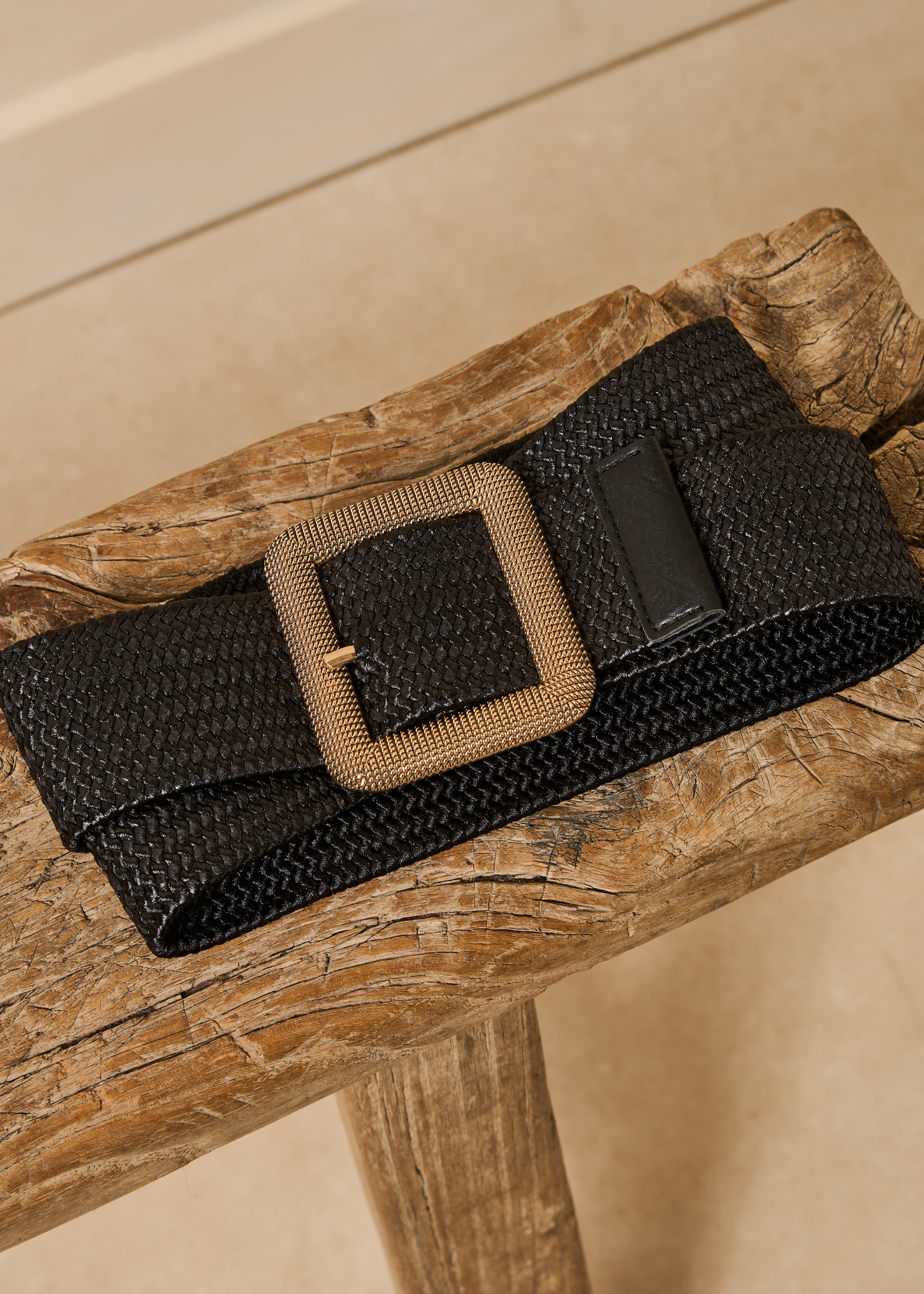 Wide black elastic belt with rectangular buckle