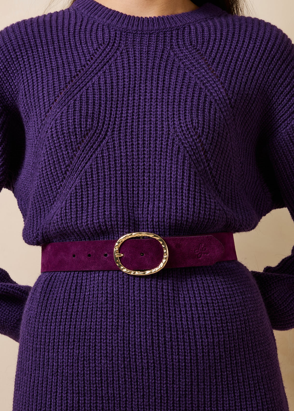 Purple suede leather belt with oval buckle